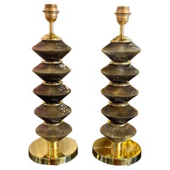 Pair of Modern Smoke Colored Murano Glass and Brass Lamps