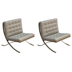 Pair of Modern Solid Brass and Neutral Leather Barcelona Lounge Chairs