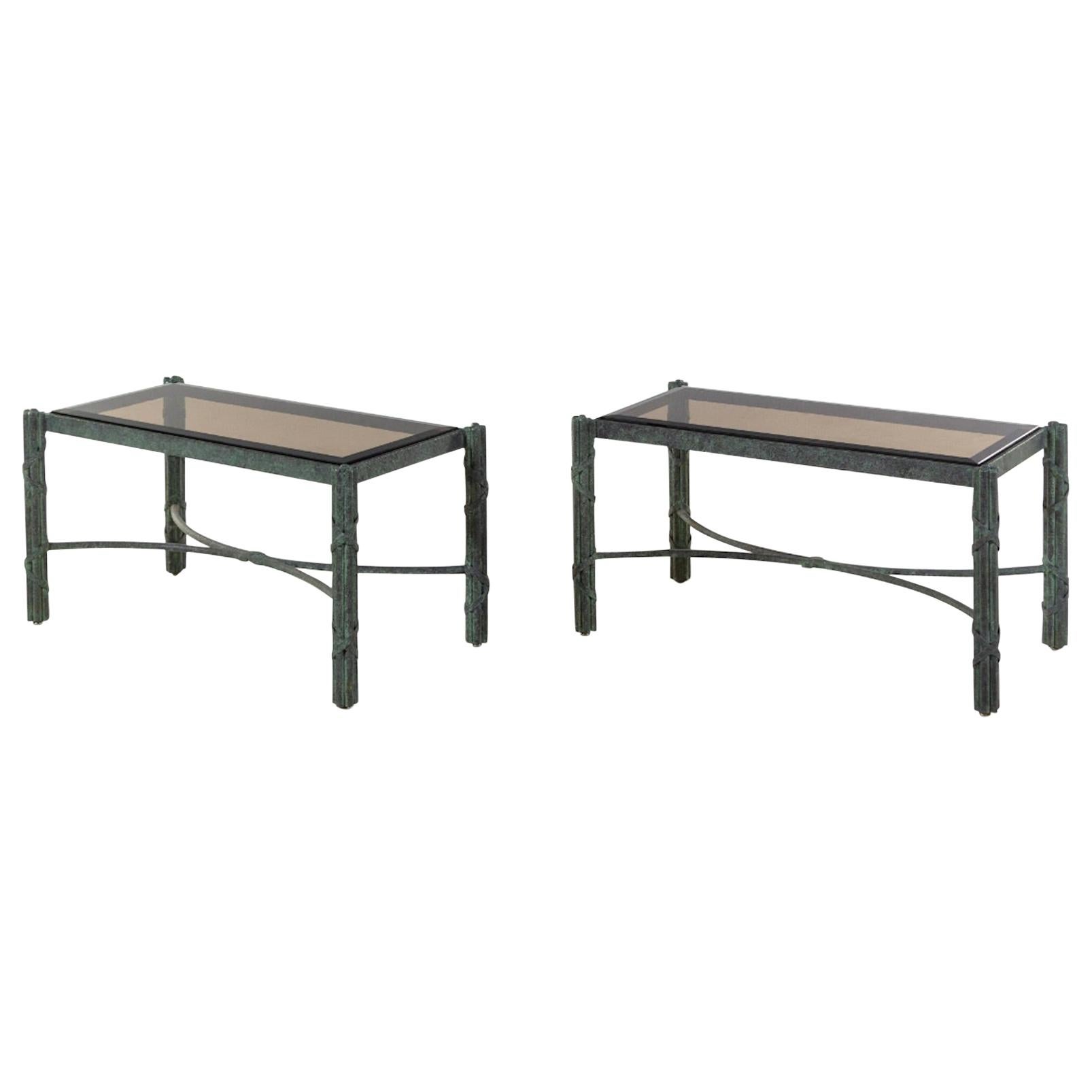 Pair of Modern Solid Patinated Bronze Smoky Glass-Top Low Tables/Benches