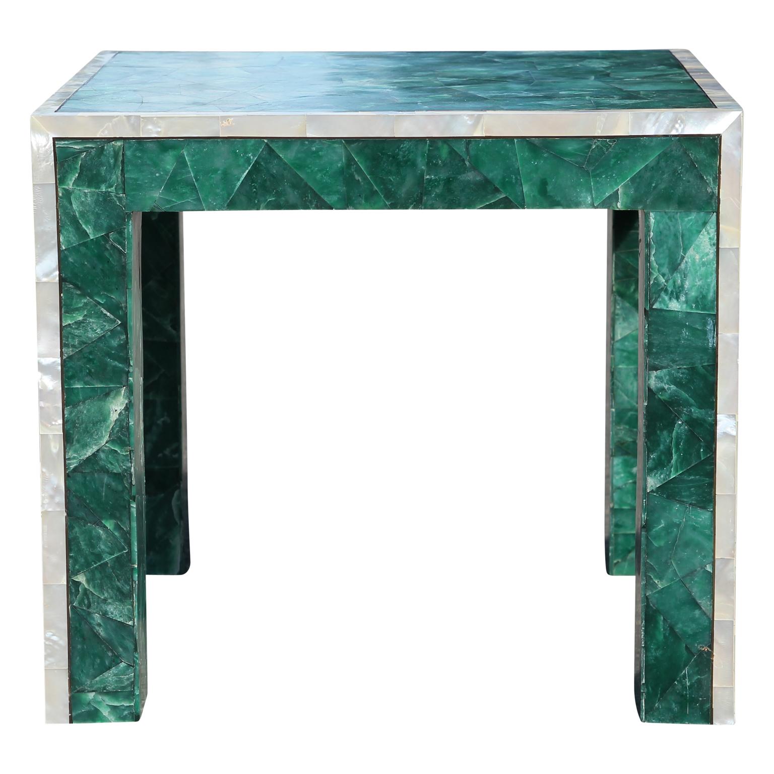 Stunning pair of modern square nephrite tessellated tables with pearl trim. Possibly Maitland Smith and made the Philippines. Excellent quality. The color of the stone looks like malachite.