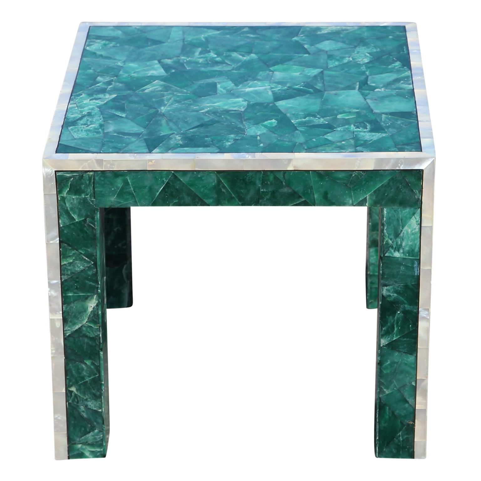 Art Deco Pair of Modern Square Tessellated Green Nephrite 'Malachite' Side Tables