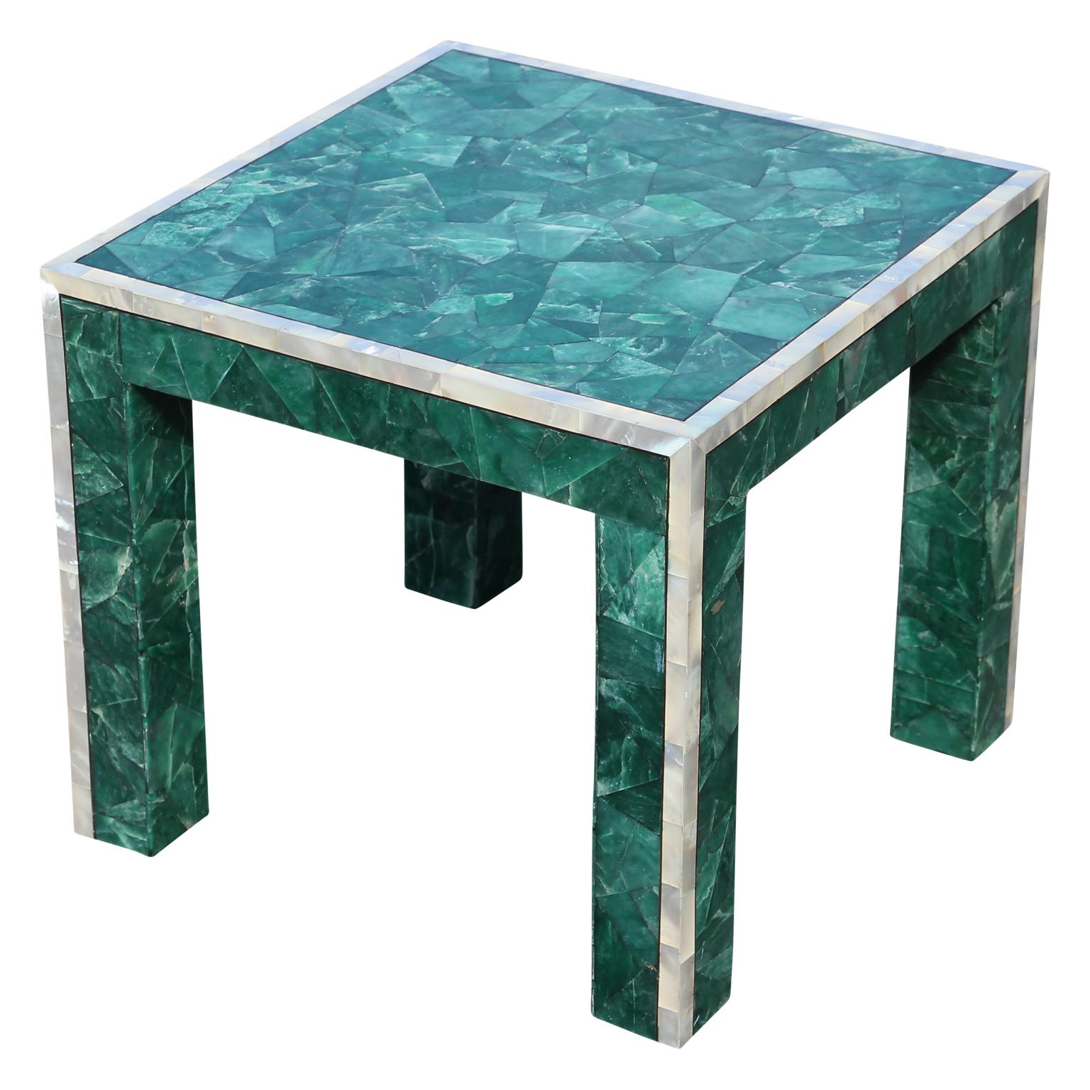 Asian Pair of Modern Square Tessellated Green Nephrite 'Malachite' Side Tables