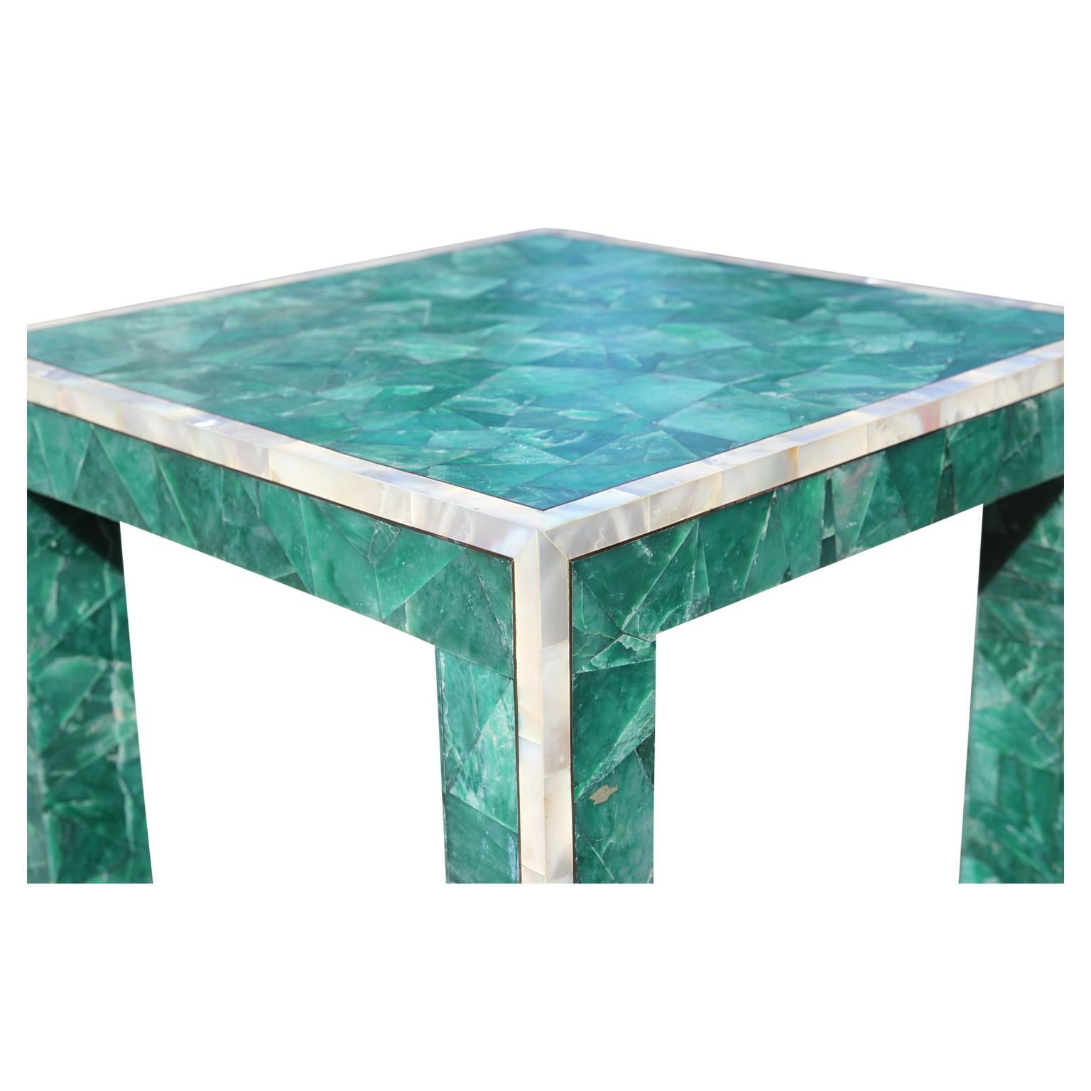 Pair of Modern Square Tessellated Green Nephrite 'Malachite' Side Tables In Good Condition In Houston, TX