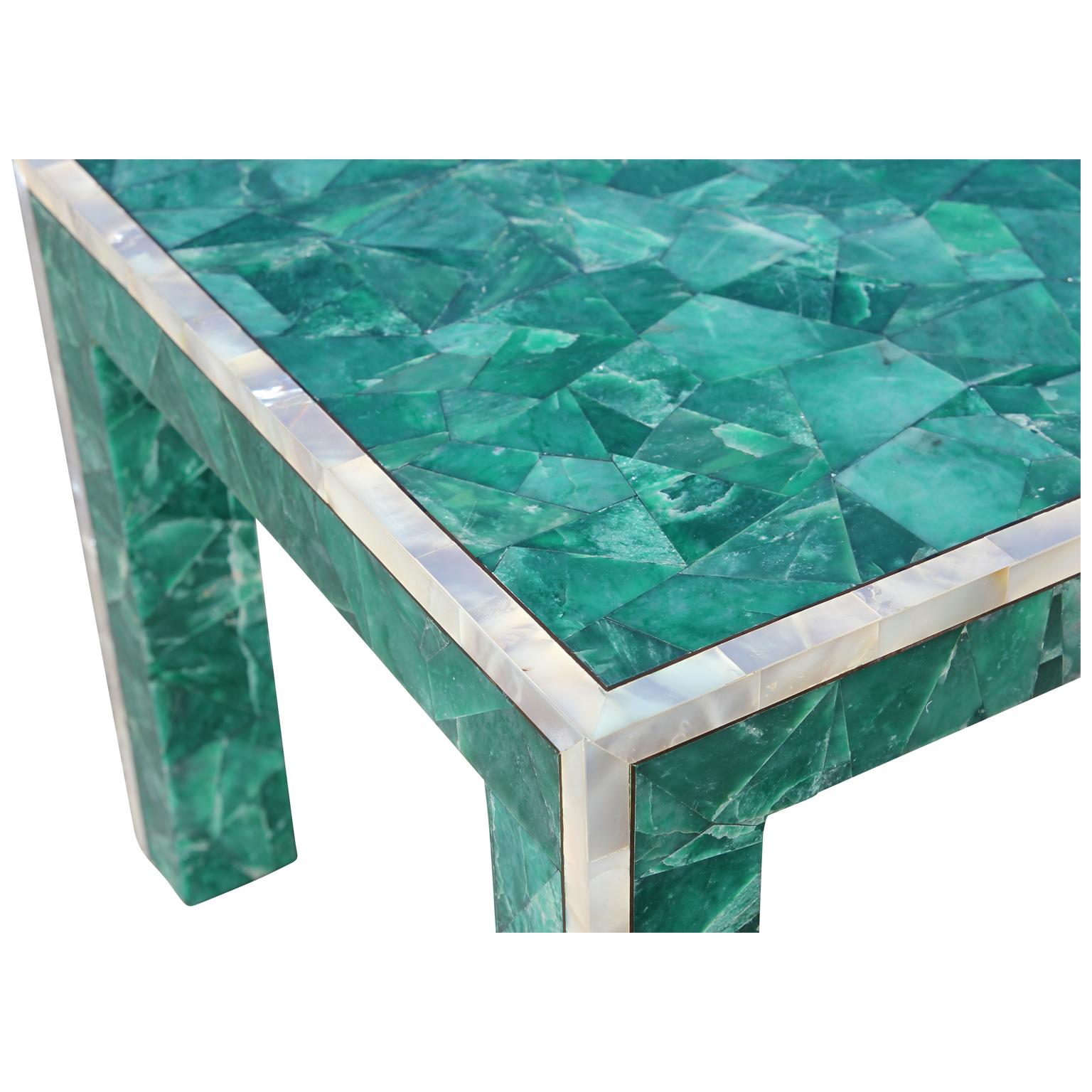 Pair of Modern Square Tessellated Green Nephrite 'Malachite' Side Tables 1