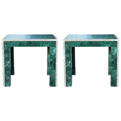 Pair of Modern Square Tessellated Green Nephrite 'Malachite' Side Tables
