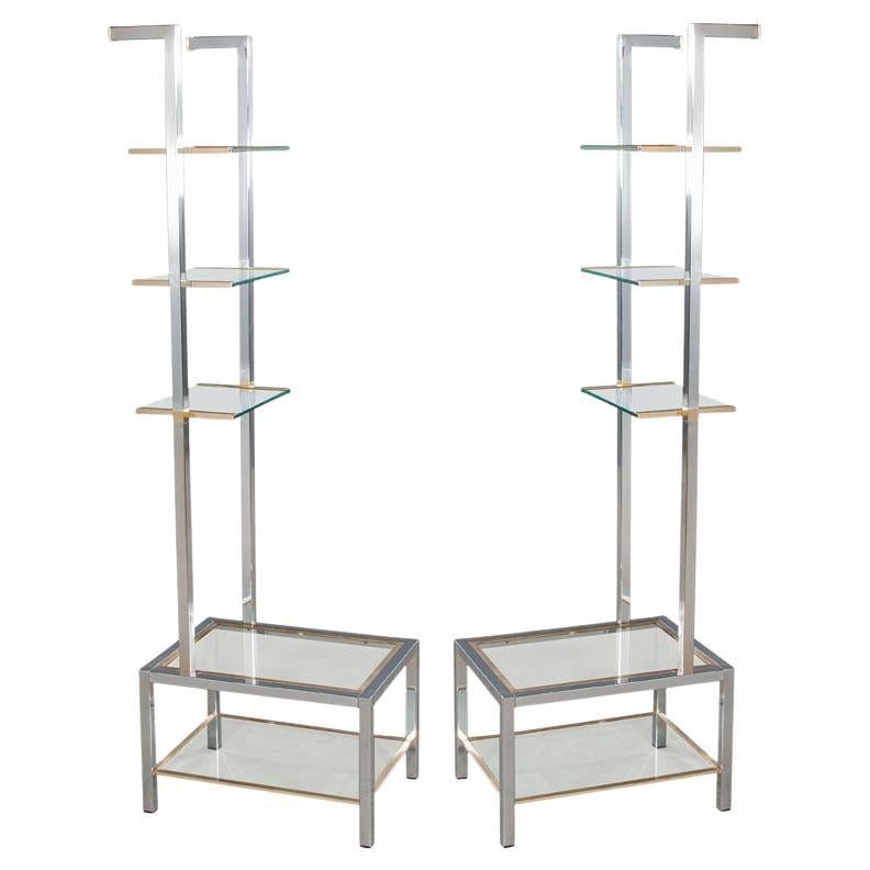 Pair of Modern Stainless Steel and Brass Bookshelf Stands Italy, 1970's For Sale