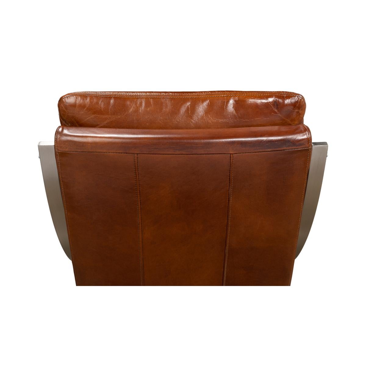 Paire de chaises Modernes en acier inoxydable et cuir Brown en vente 1