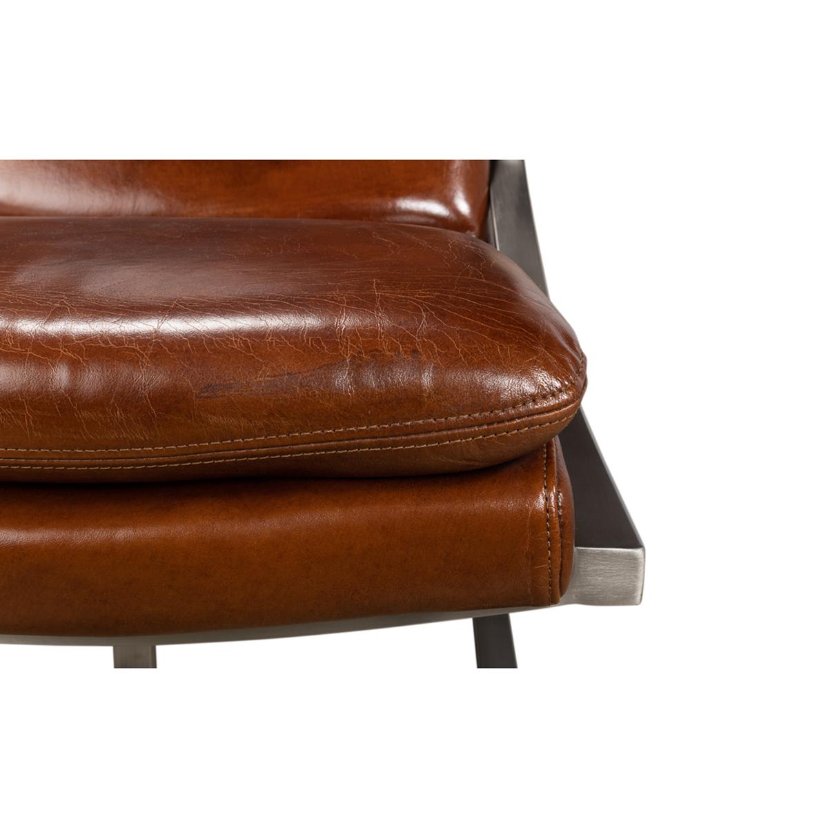 Paire de chaises Modernes en acier inoxydable et cuir Brown en vente 2