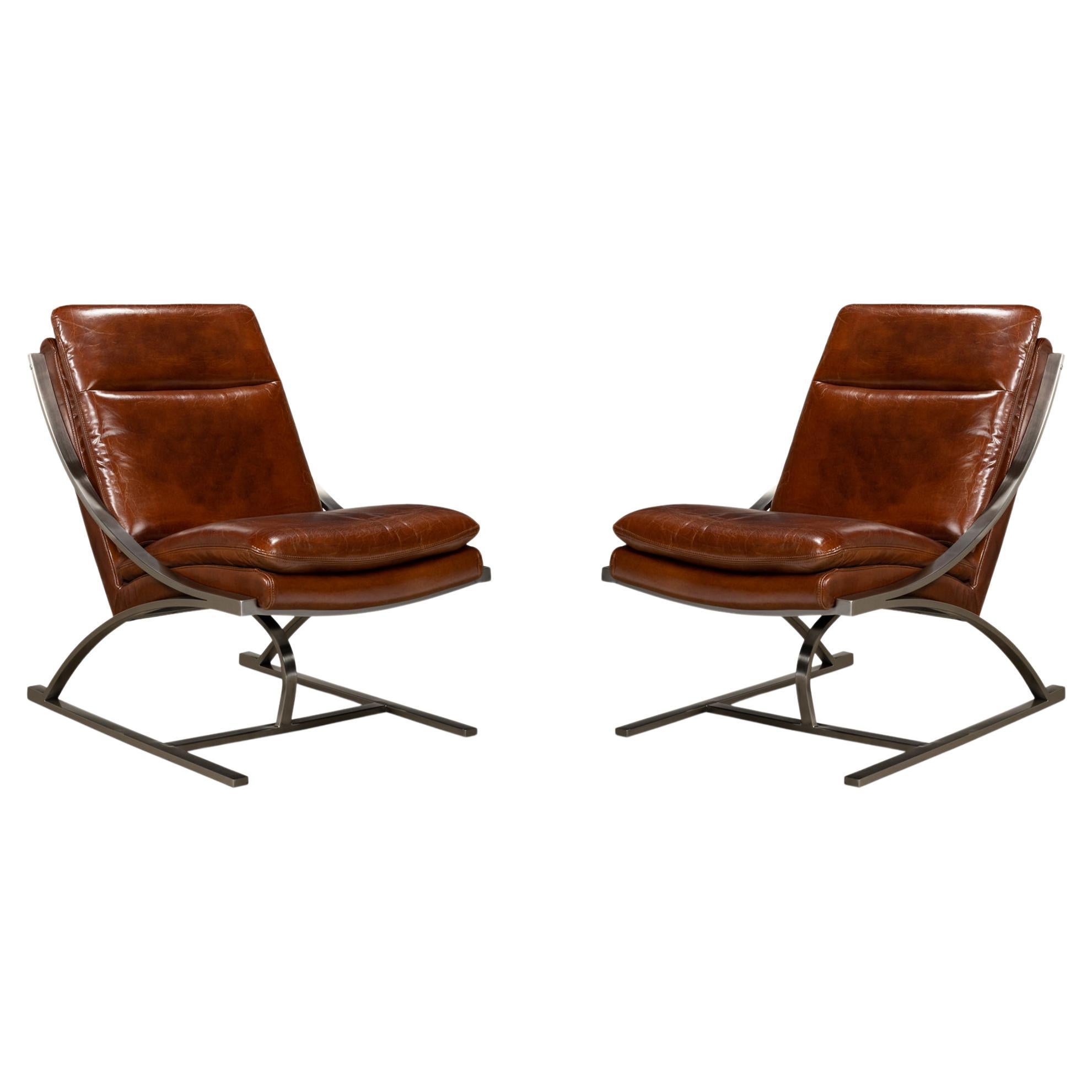Pair of Modern Stainless Steel and Brown Leather Chairs For Sale