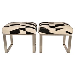 Pair of Modern Steel Benches in Geometric Patterned Wool, USA, circa 1970s