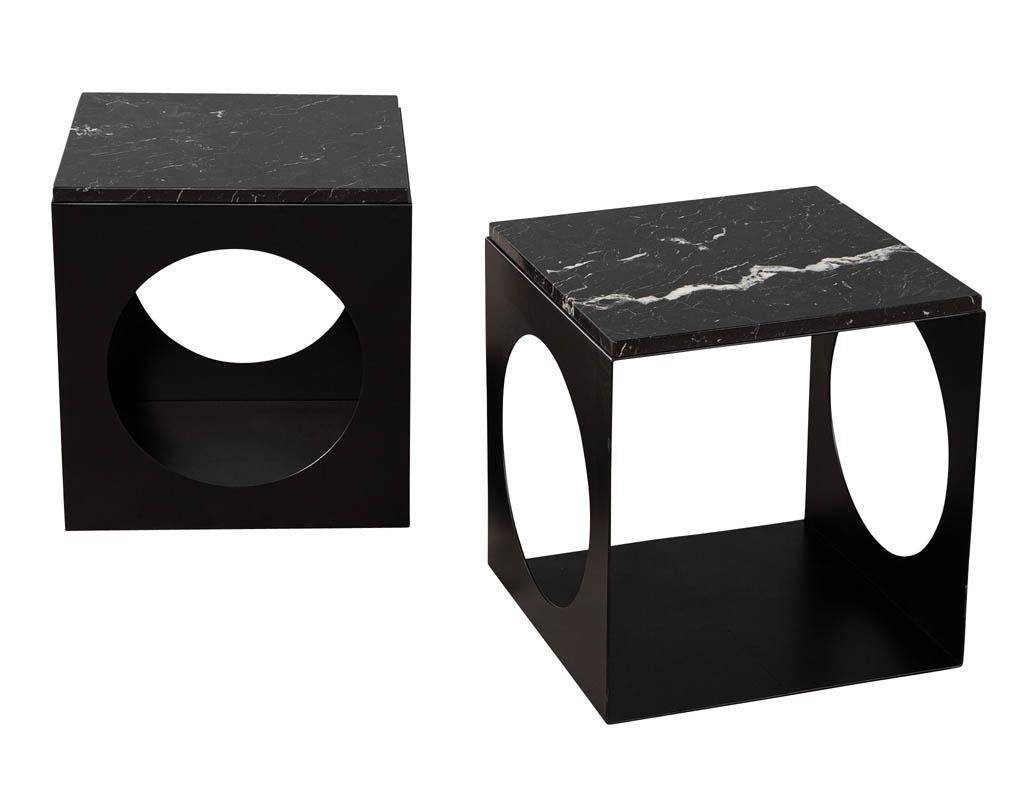 American Pair of Modern Steel & Marble Side Tables in the Style of Minotti