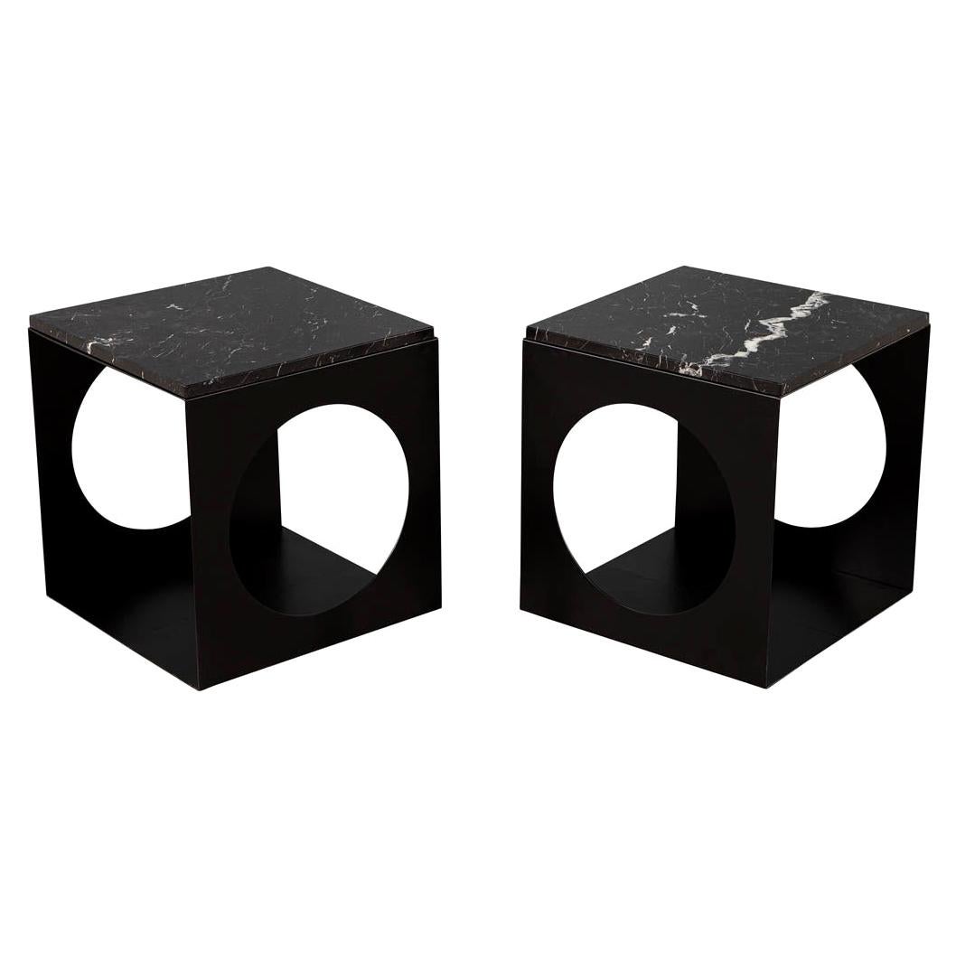 Pair of Modern Steel & Marble Side Tables in the Style of Minotti