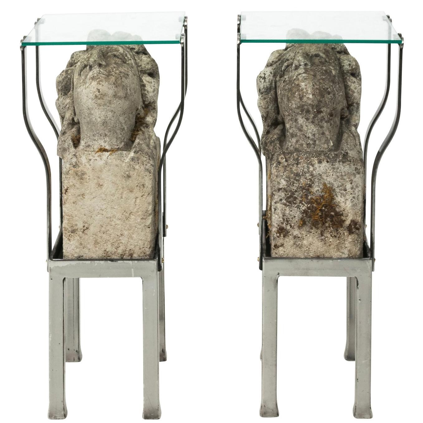 Pair of Modern Stone and Glass Side Tables For Sale
