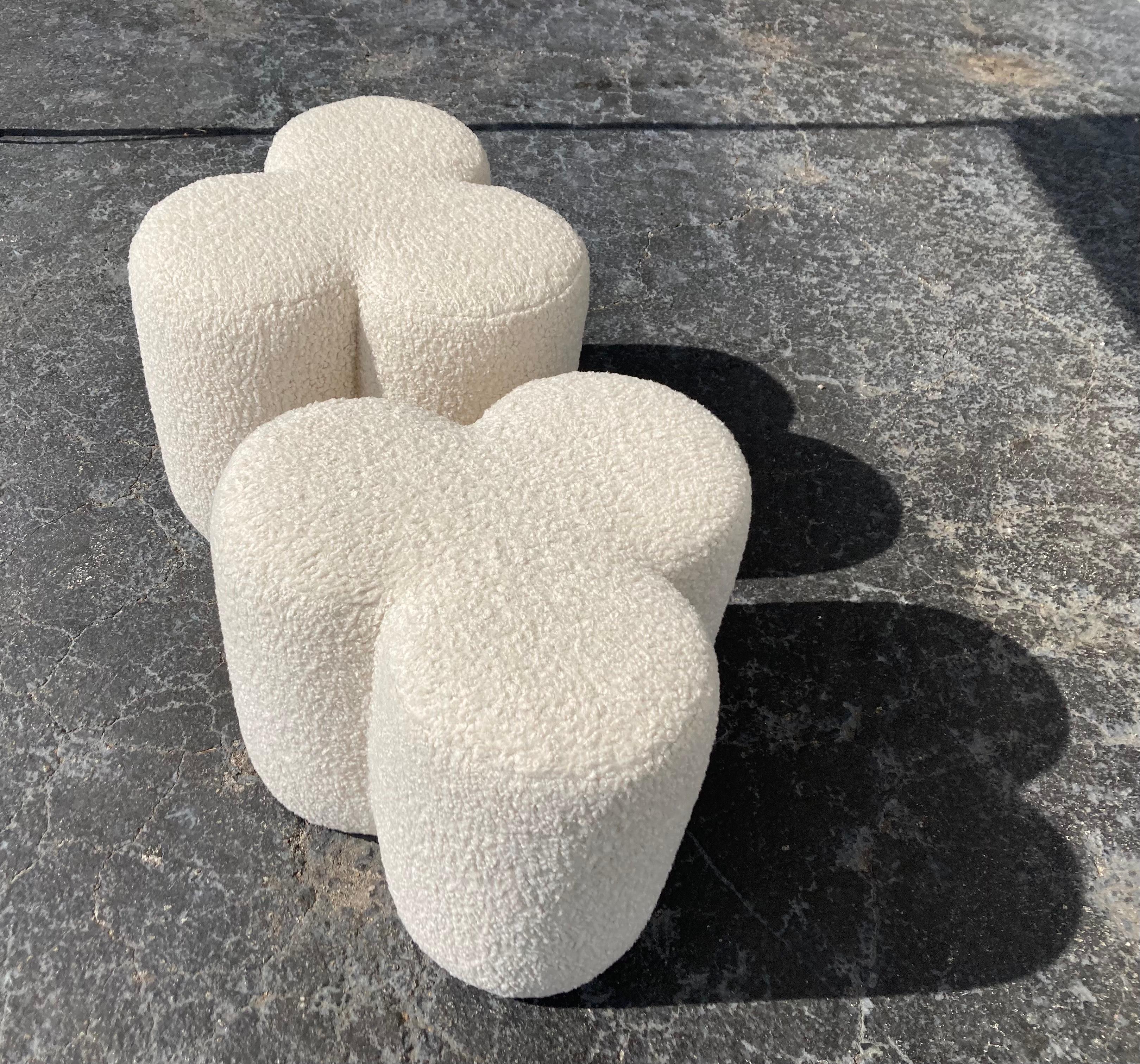 Pair of Modern Stools Ottomans, Ivory Boucle Fabric For Sale 5