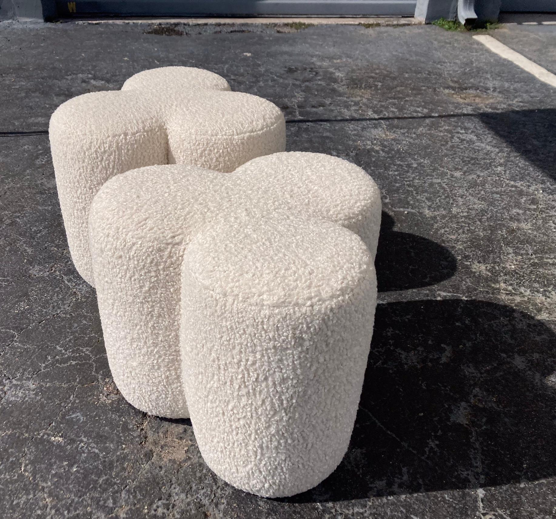 Pair of Modern Stools Ottomans, Ivory Boucle Fabric For Sale 8