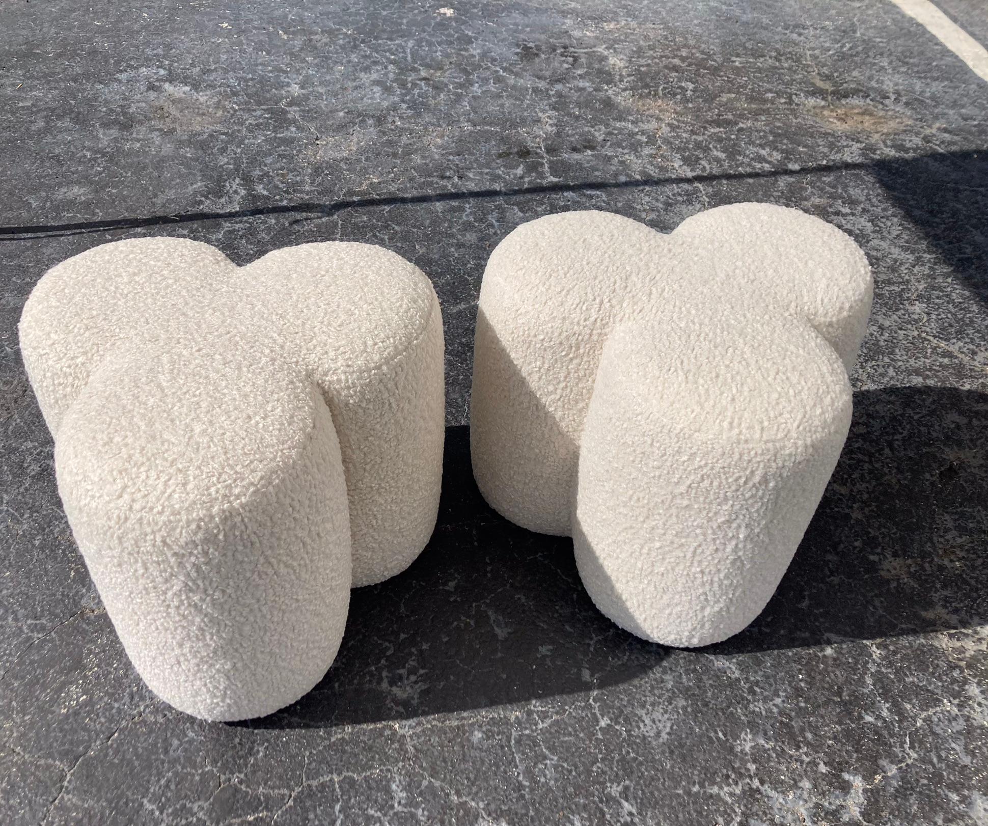 Pair of Modern Stools Ottomans, Ivory Boucle Fabric For Sale 9
