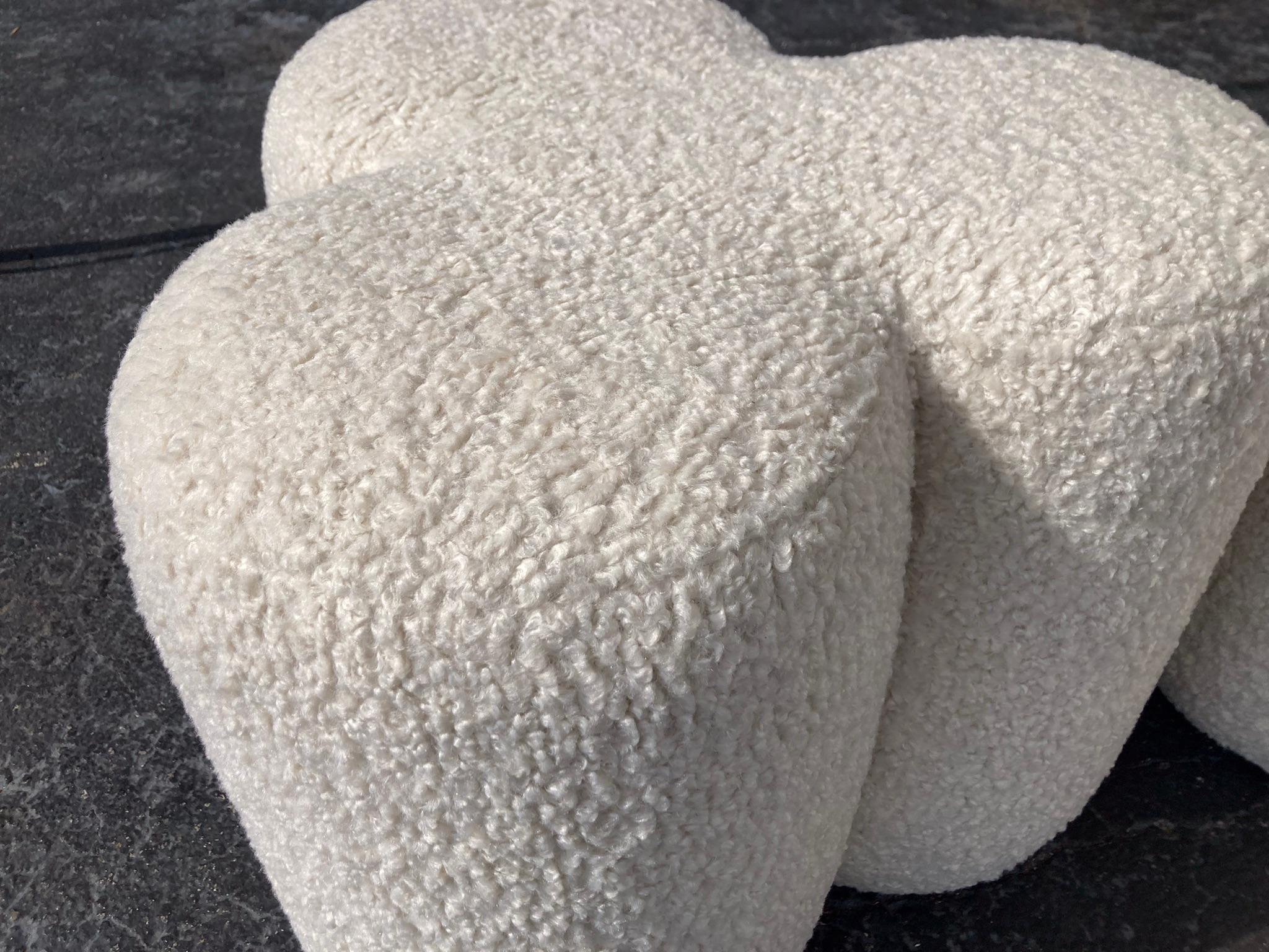 Pair of Modern Stools Ottomans, Ivory Boucle Fabric For Sale 11