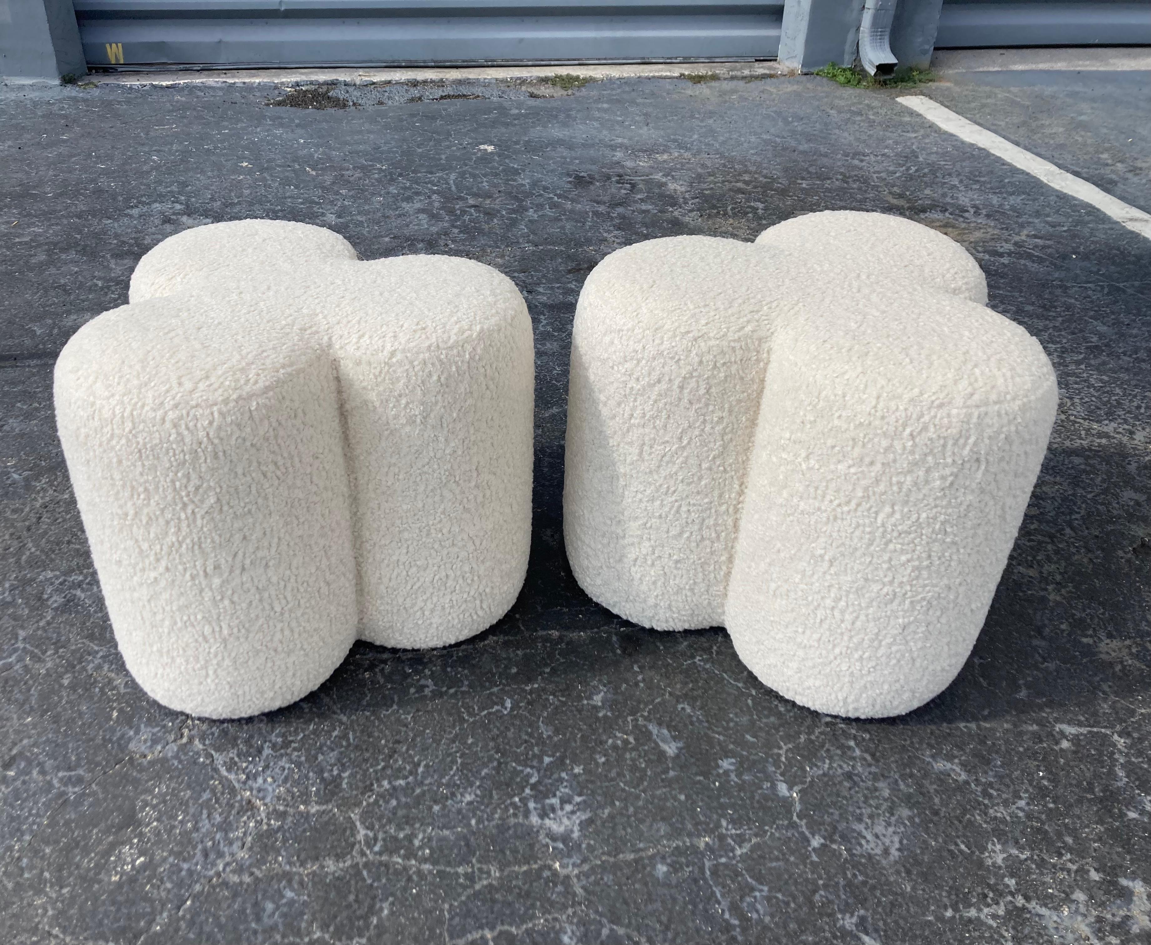 Pair of Modern Stools upholstered in high quality ivory boucle fabric.