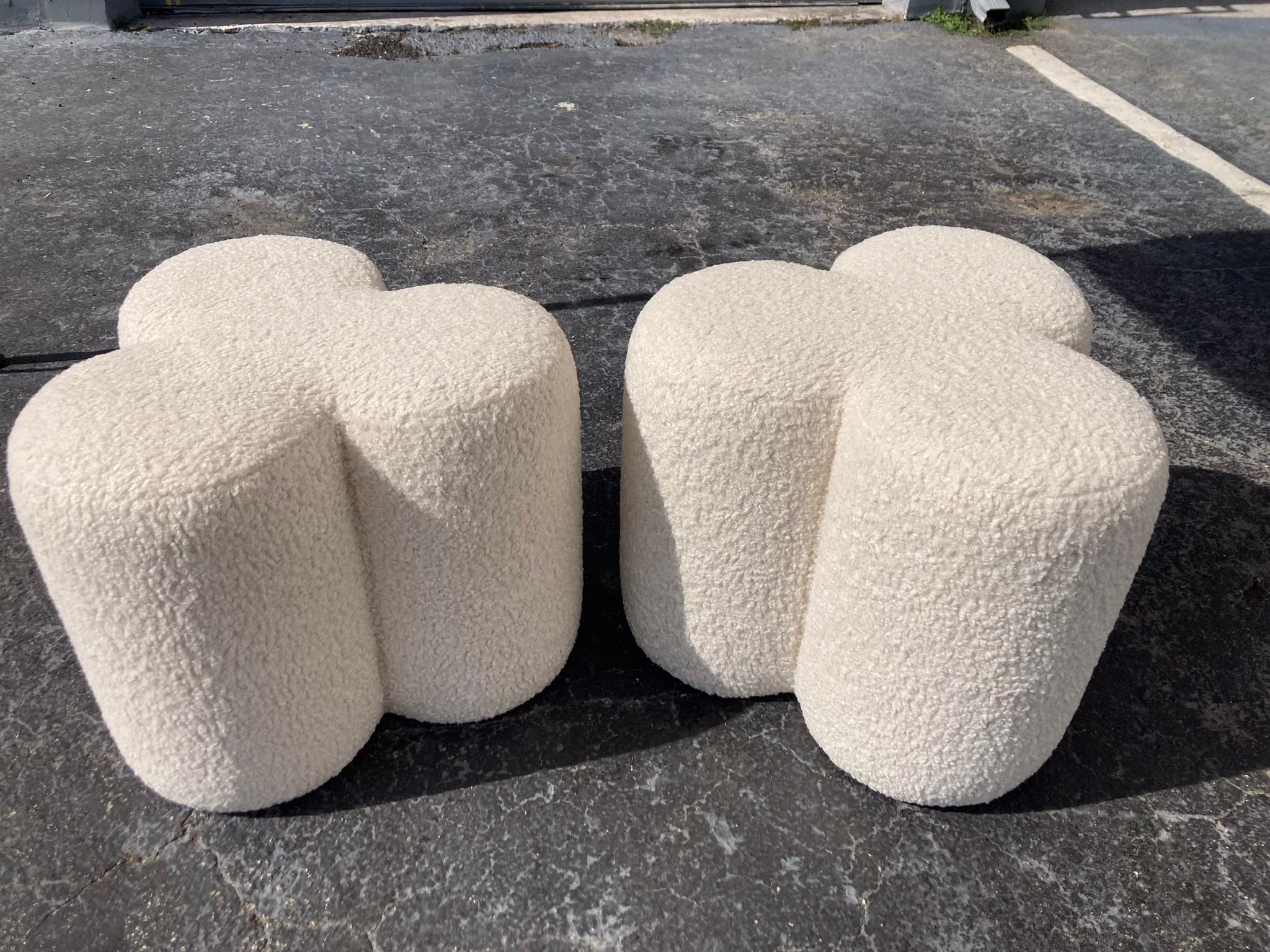 Pair of Modern Stools Ottomans, Ivory Boucle Fabric For Sale 15