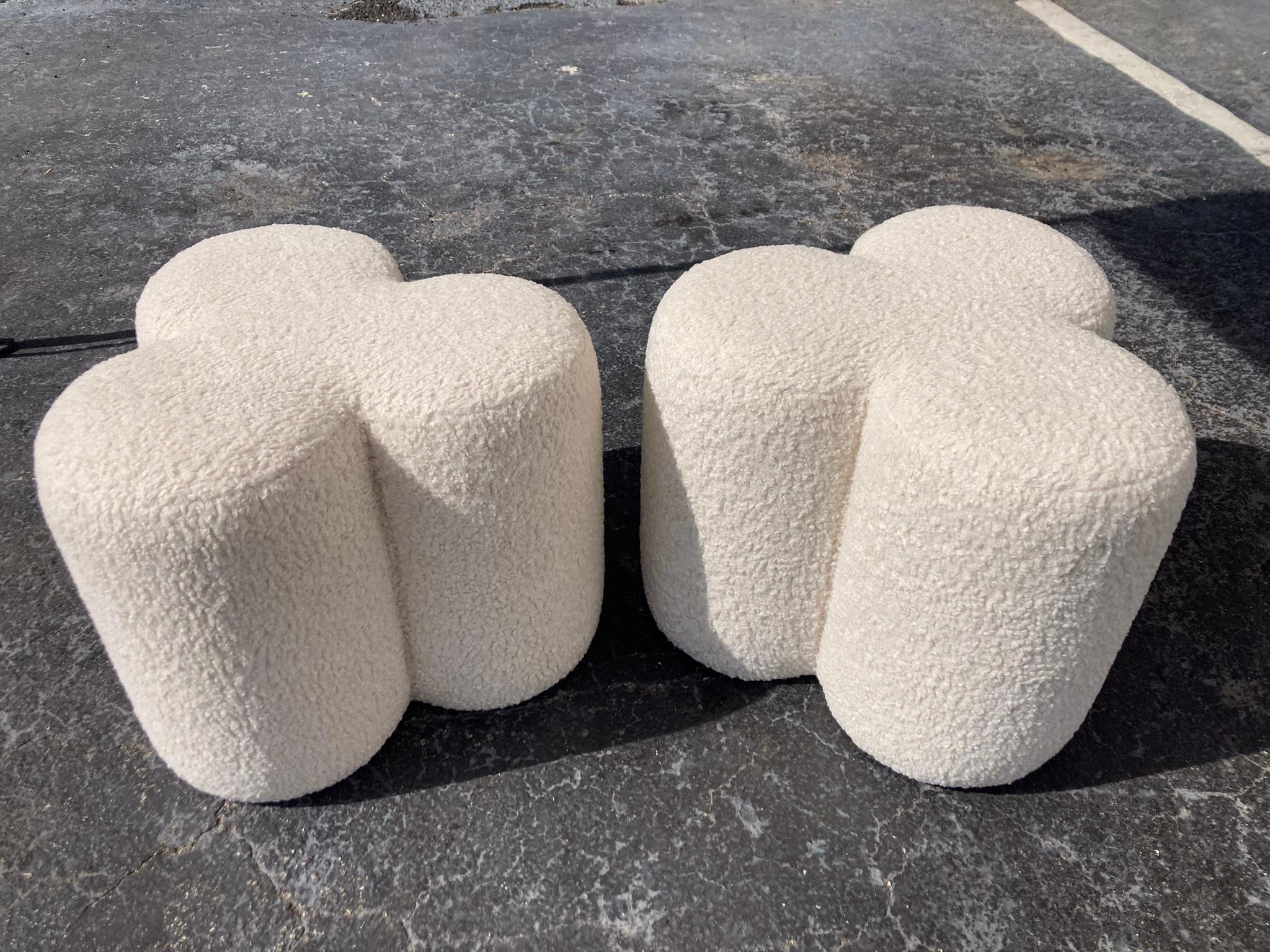American Pair of Modern Stools Ottomans, Ivory Boucle Fabric For Sale