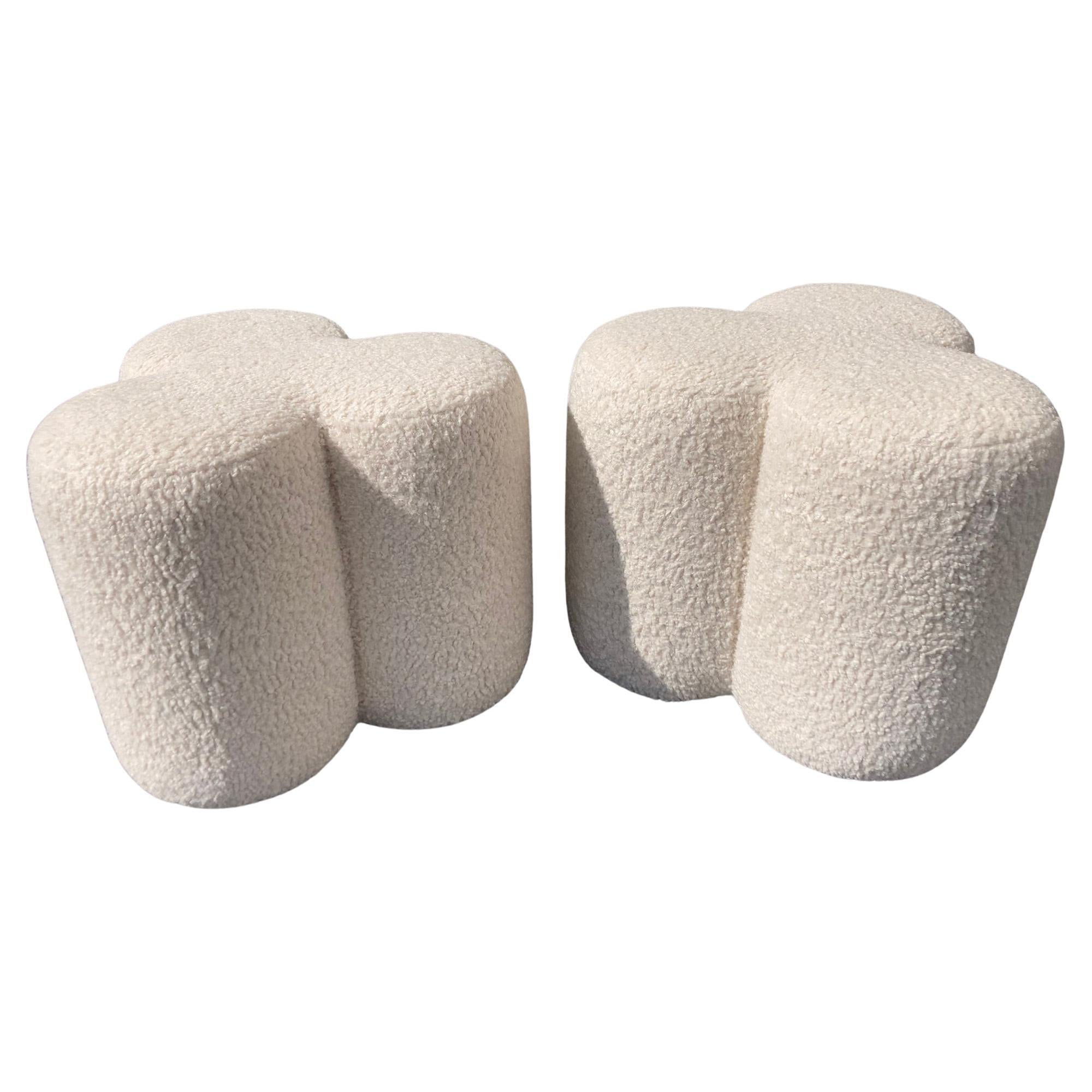 Pair of Modern Stools Ottomans, Ivory Boucle Fabric For Sale