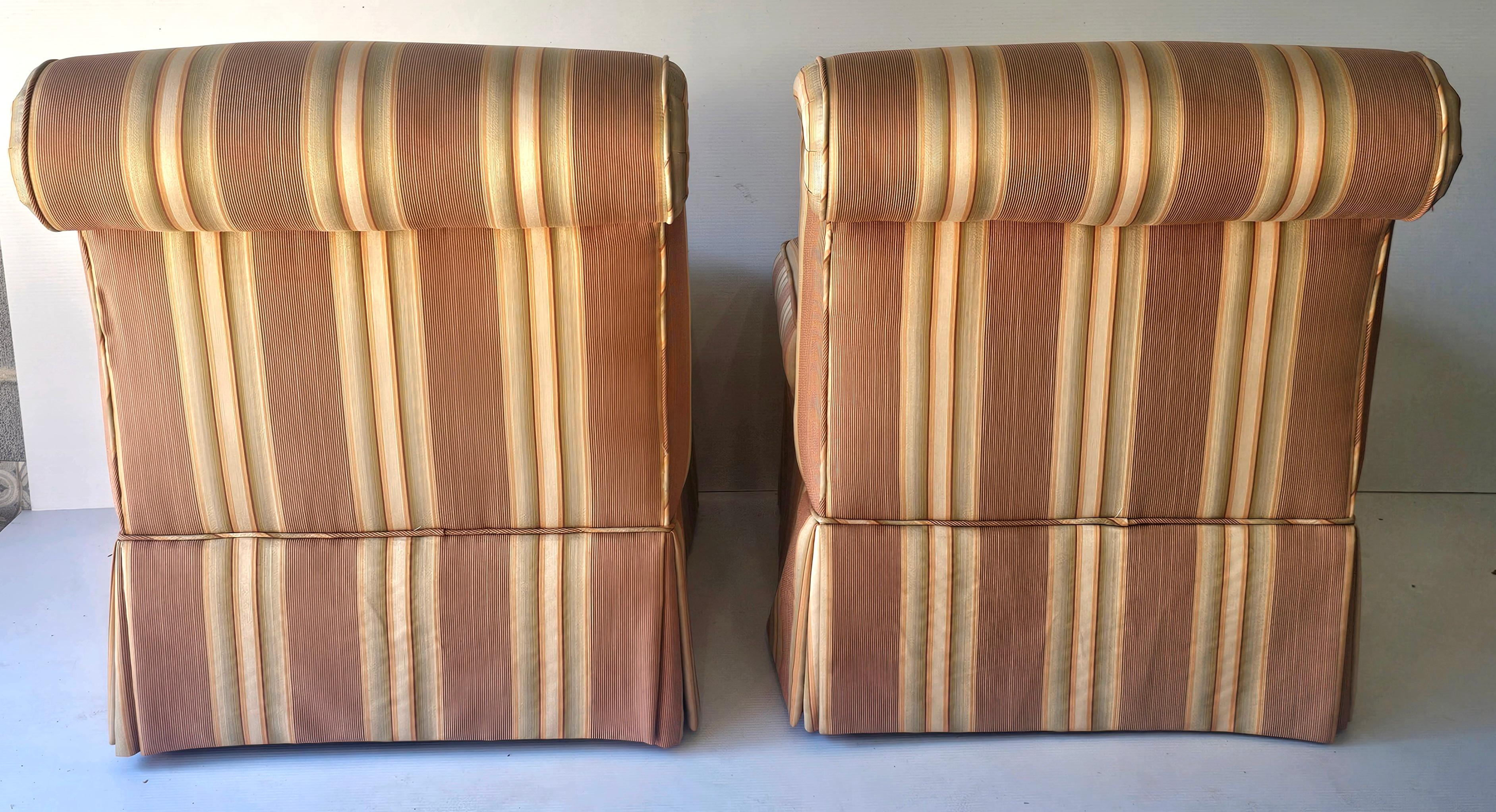 Pair of Modern Striped-Upholstered Rolled Back Slipper Chairs / Window Bench For Sale 3