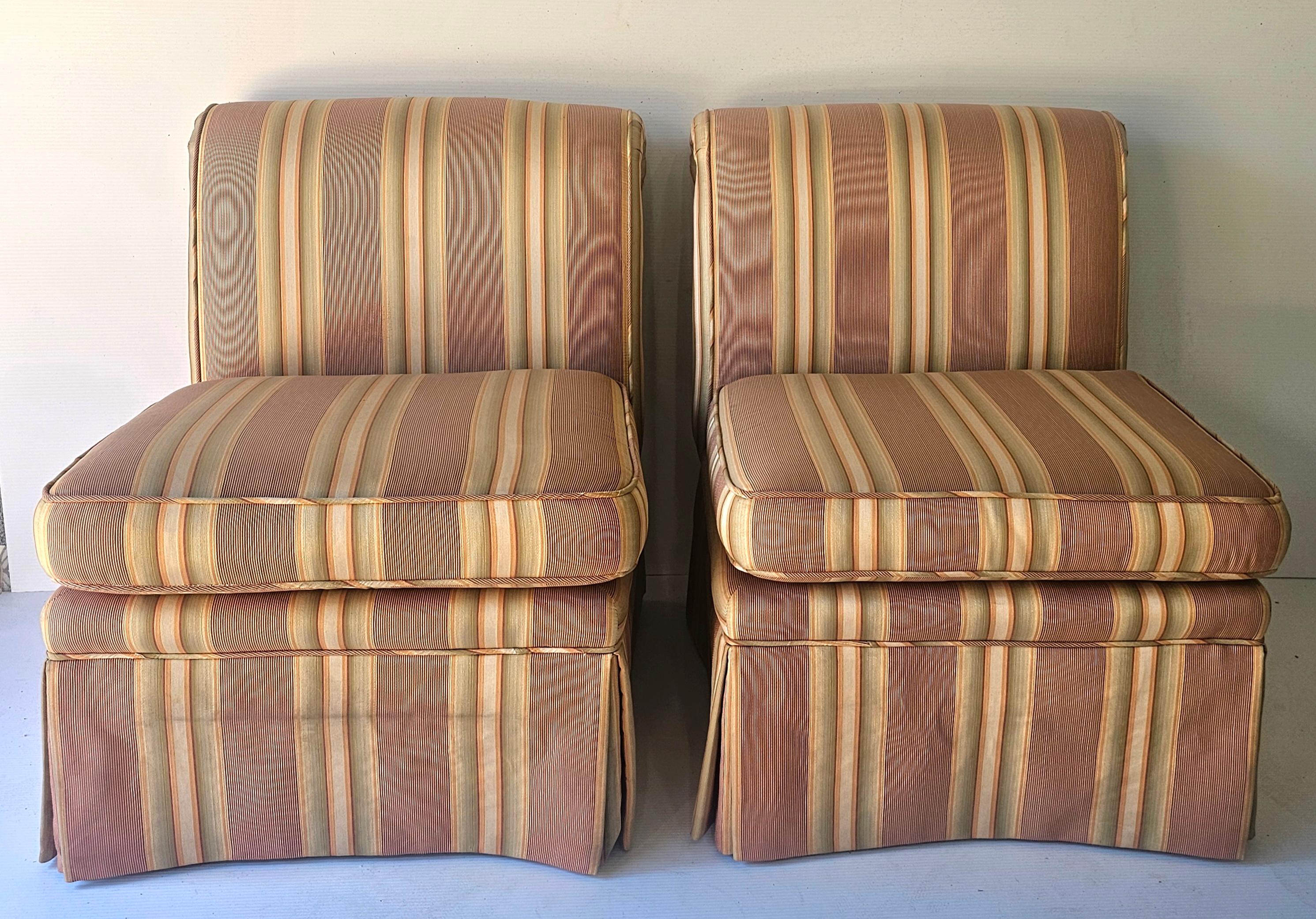 Unknown Pair of Modern Striped-Upholstered Rolled Back Slipper Chairs / Window Bench For Sale
