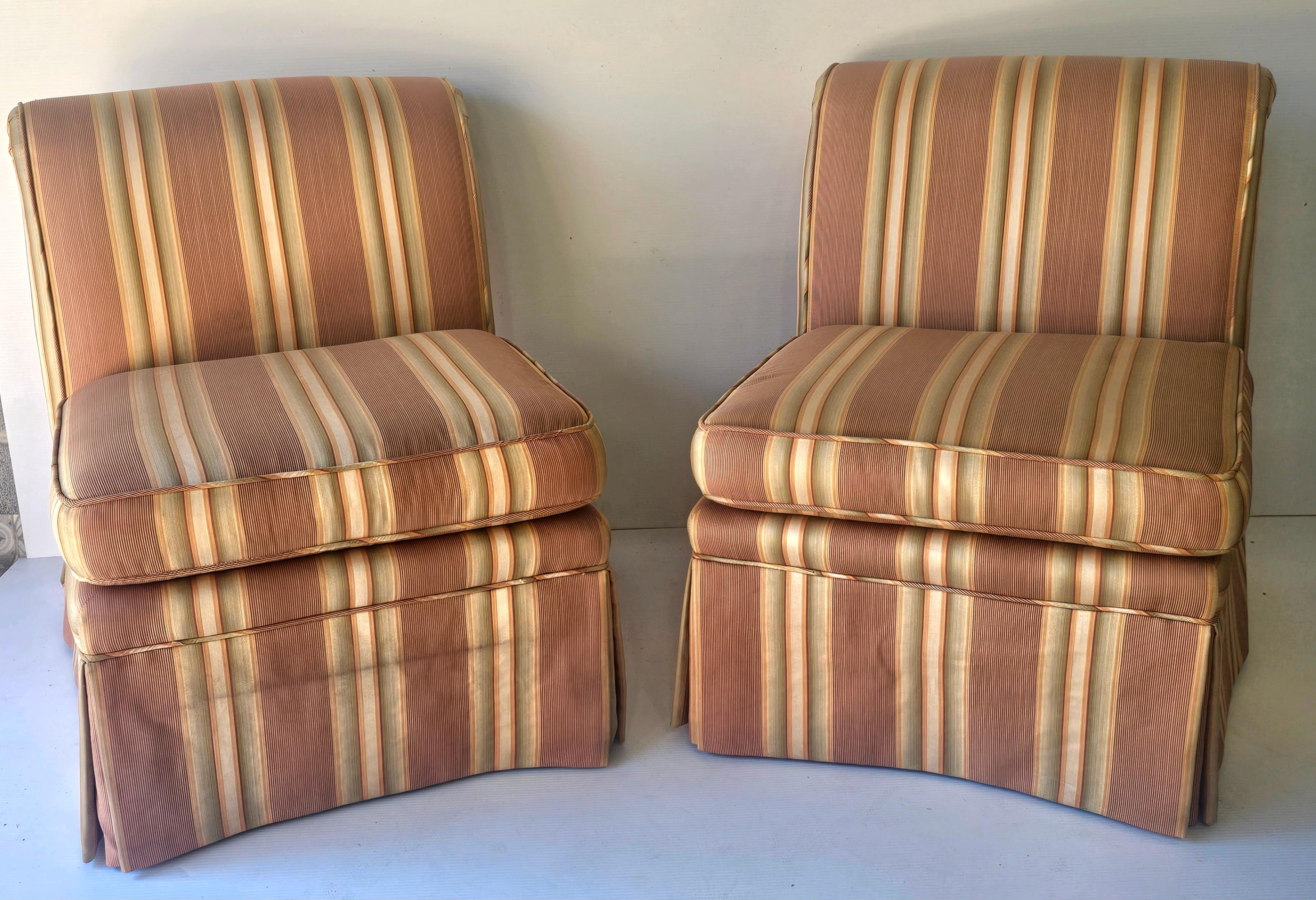 Pair of Modern Striped-Upholstered Rolled Back Slipper Chairs / Window Bench In Good Condition For Sale In Germantown, MD