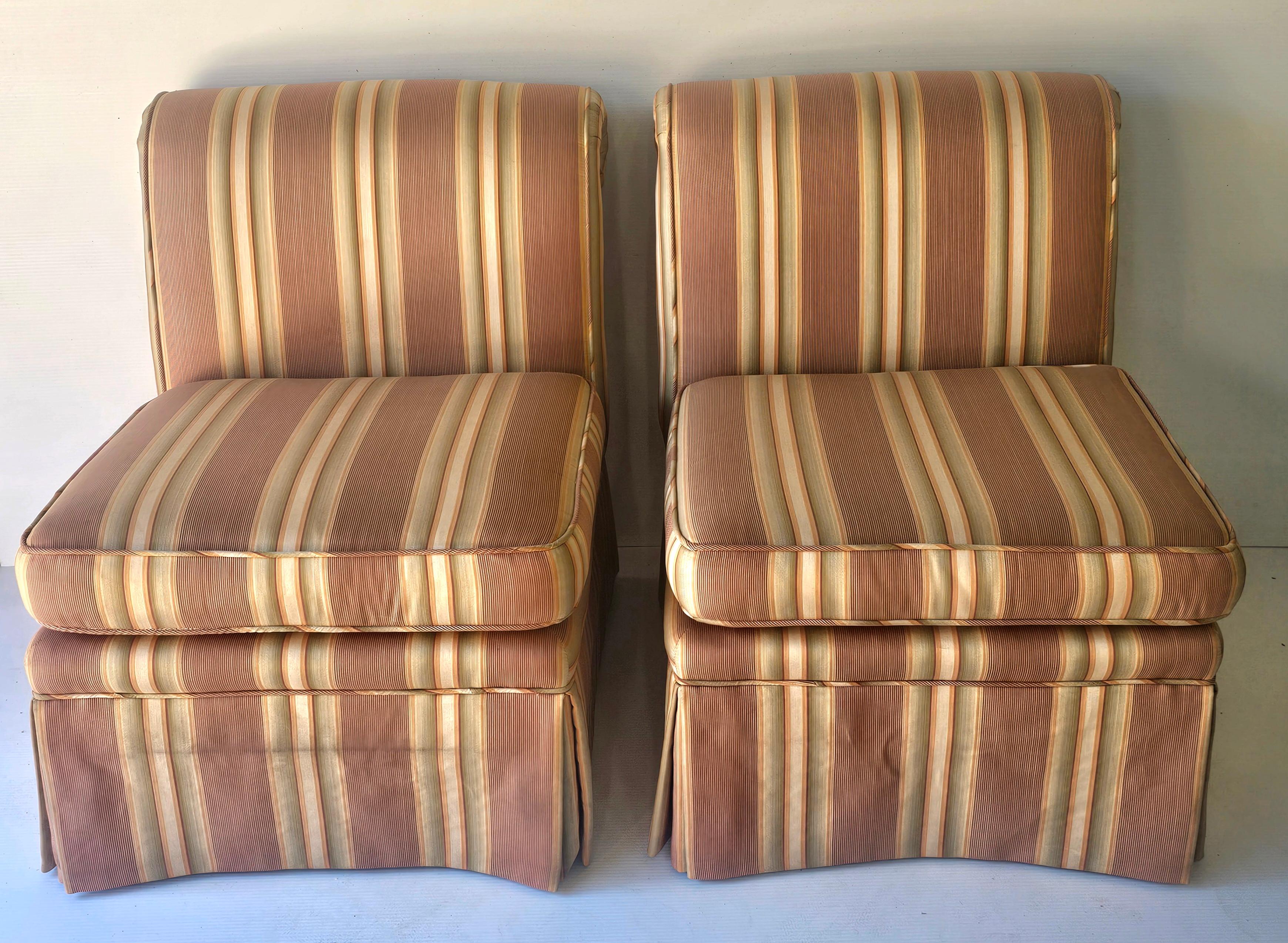 Contemporary Pair of Modern Striped-Upholstered Rolled Back Slipper Chairs / Window Bench For Sale