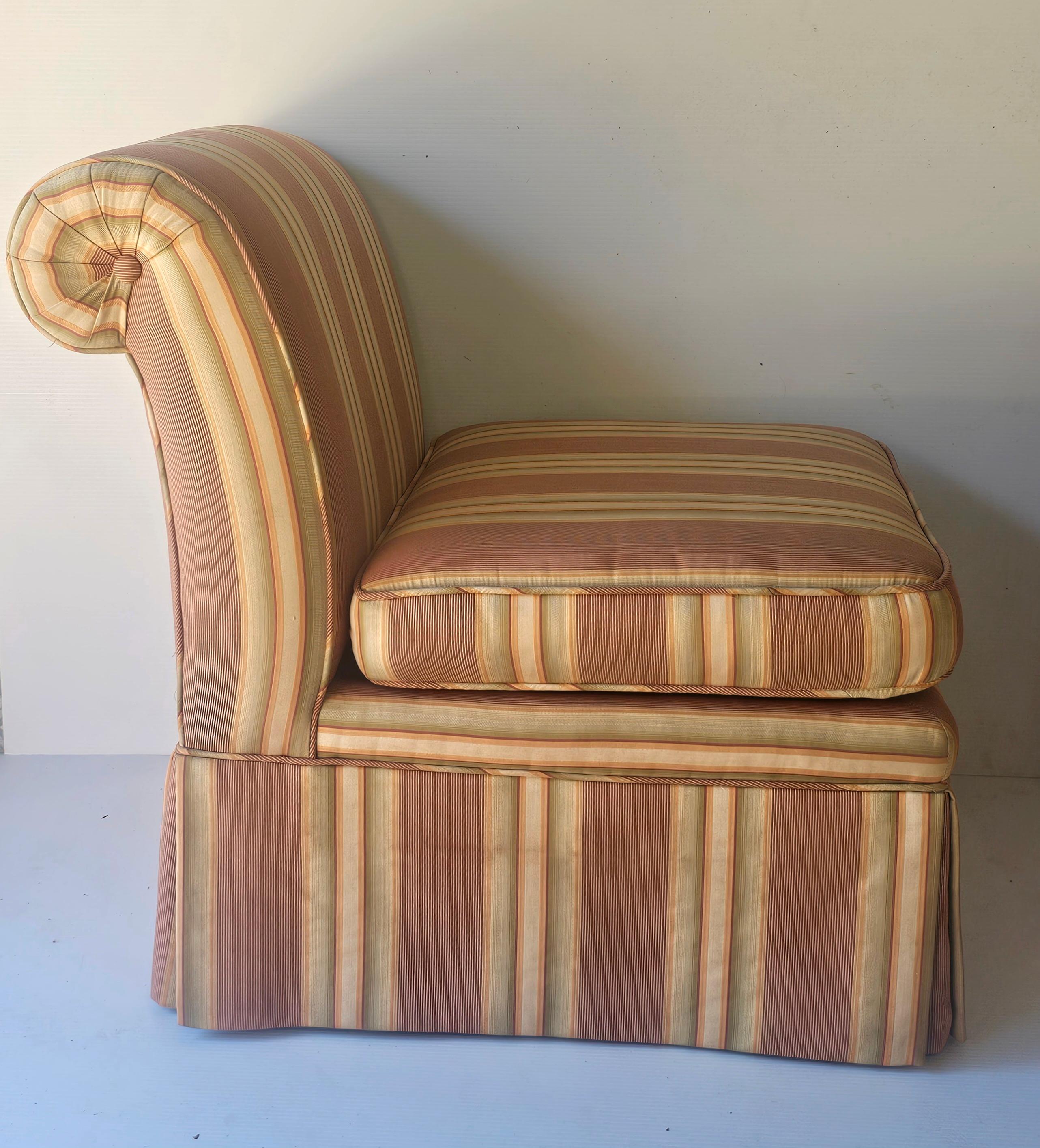 Pair of Modern Striped-Upholstered Rolled Back Slipper Chairs / Window Bench For Sale 1