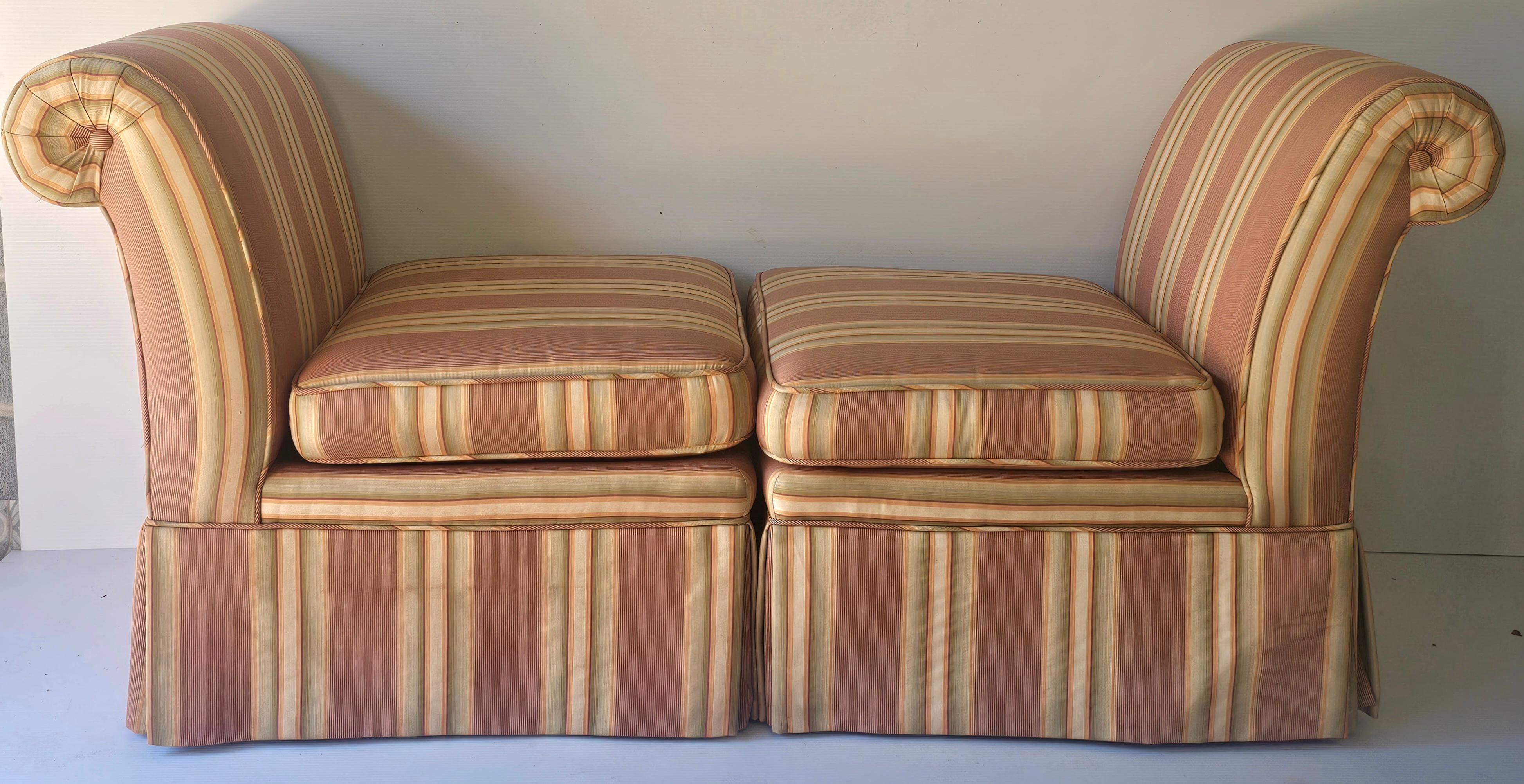 Pair of Modern Striped-Upholstered Rolled Back Slipper Chairs / Window Bench For Sale 2