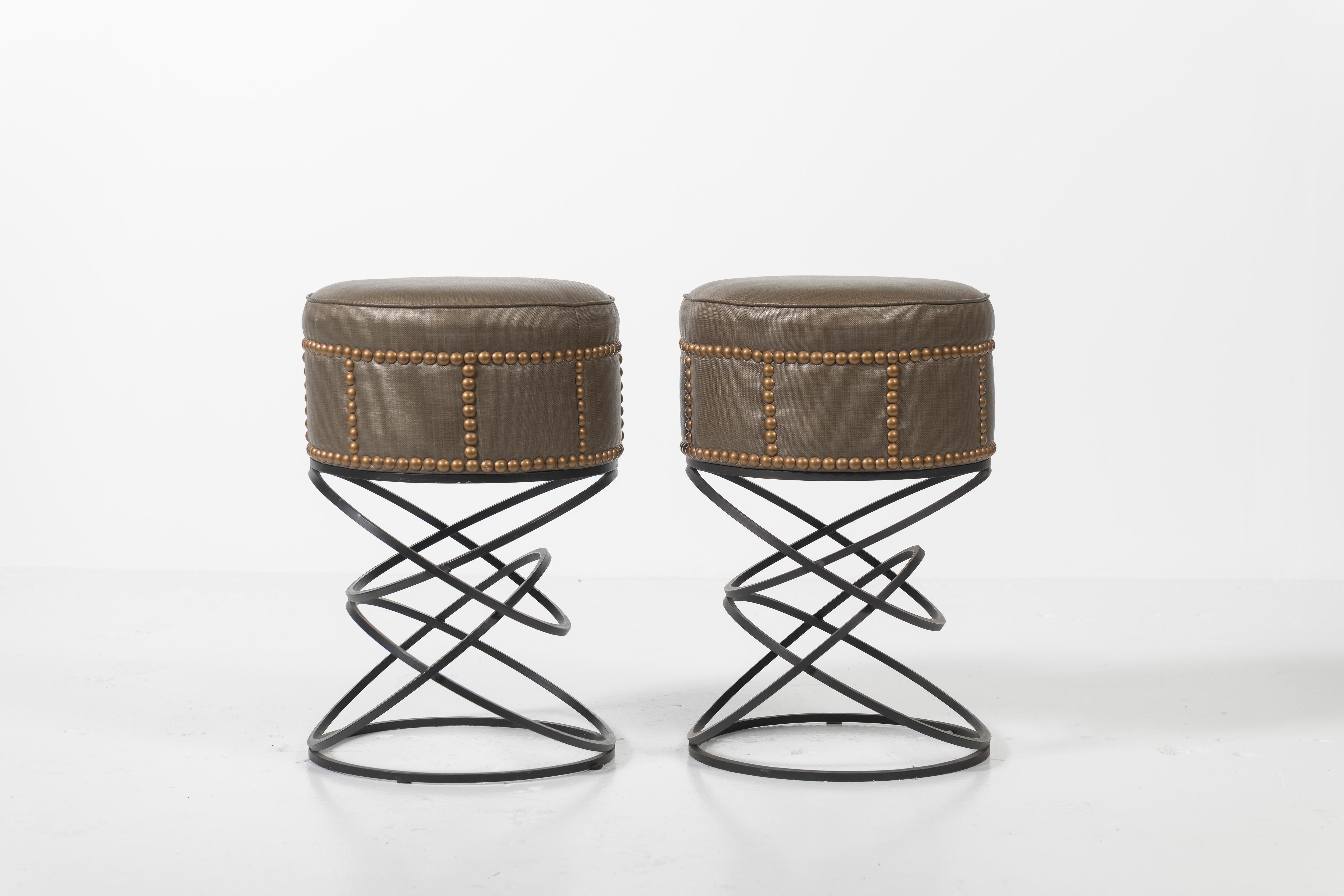 Pair of Modern Studded Leather Bar Stools  In Good Condition For Sale In San Francisco, CA
