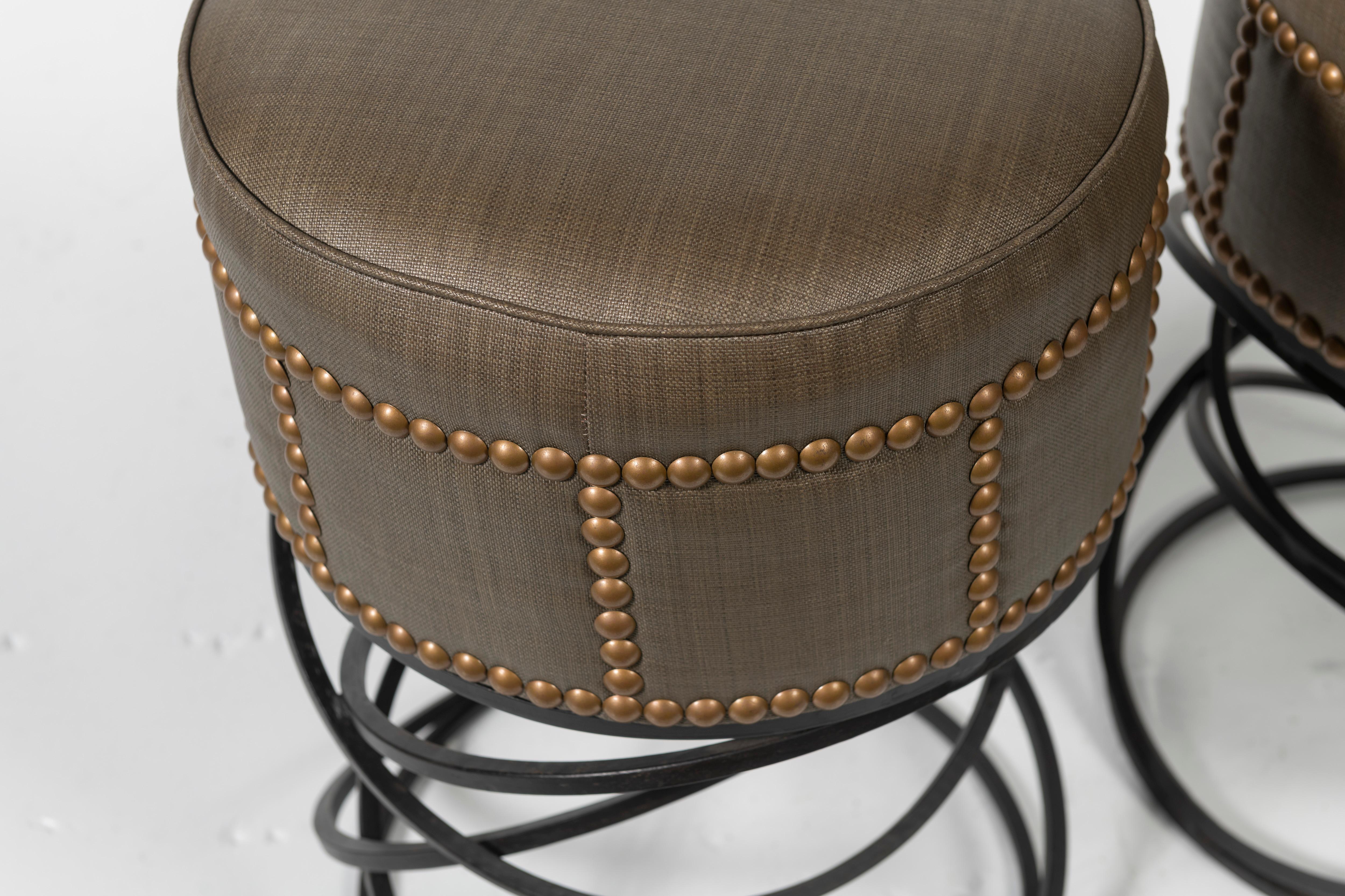Late 20th Century Pair of Modern Studded Leather Bar Stools  For Sale