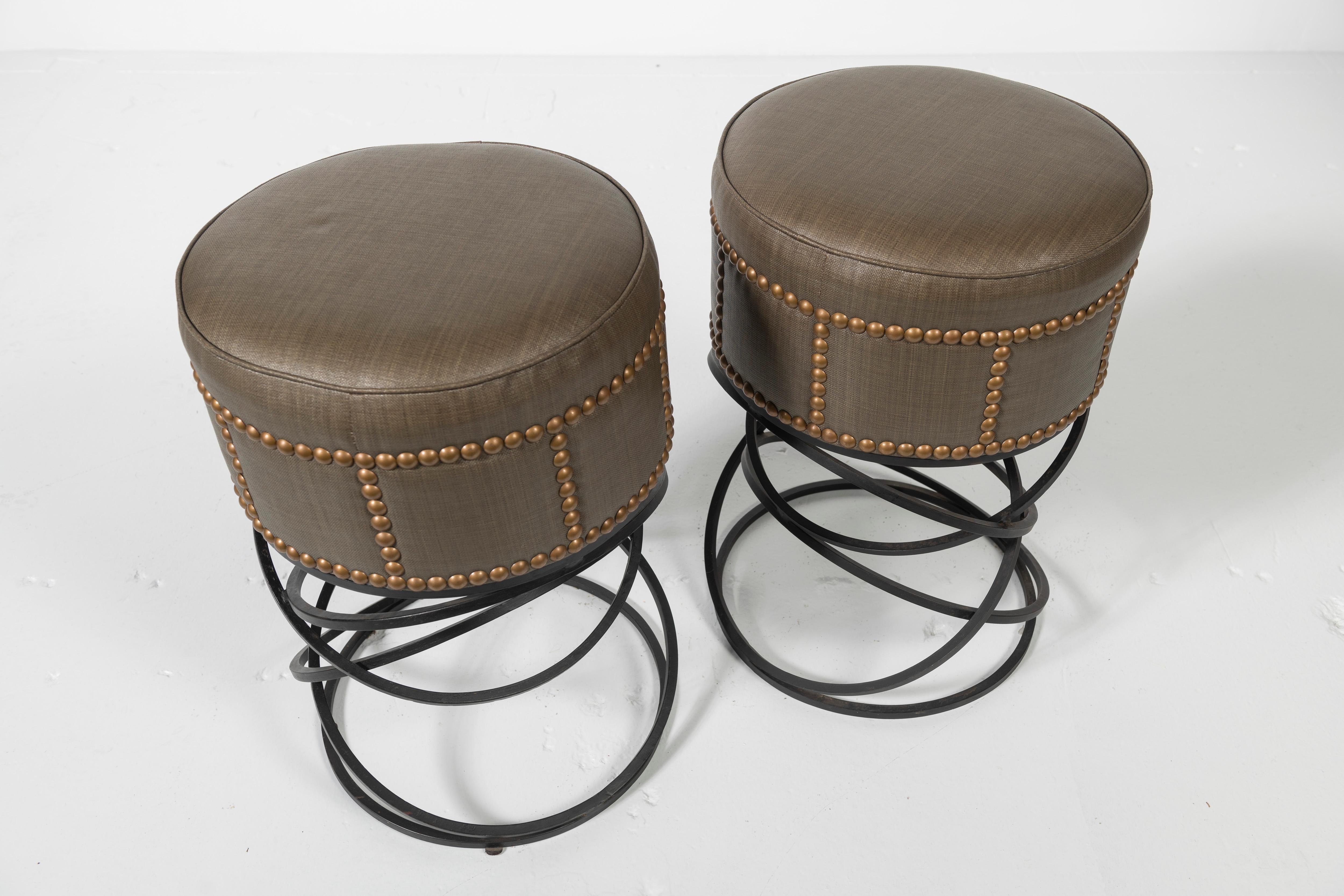 Pair of Modern Studded Leather Bar Stools  For Sale 1