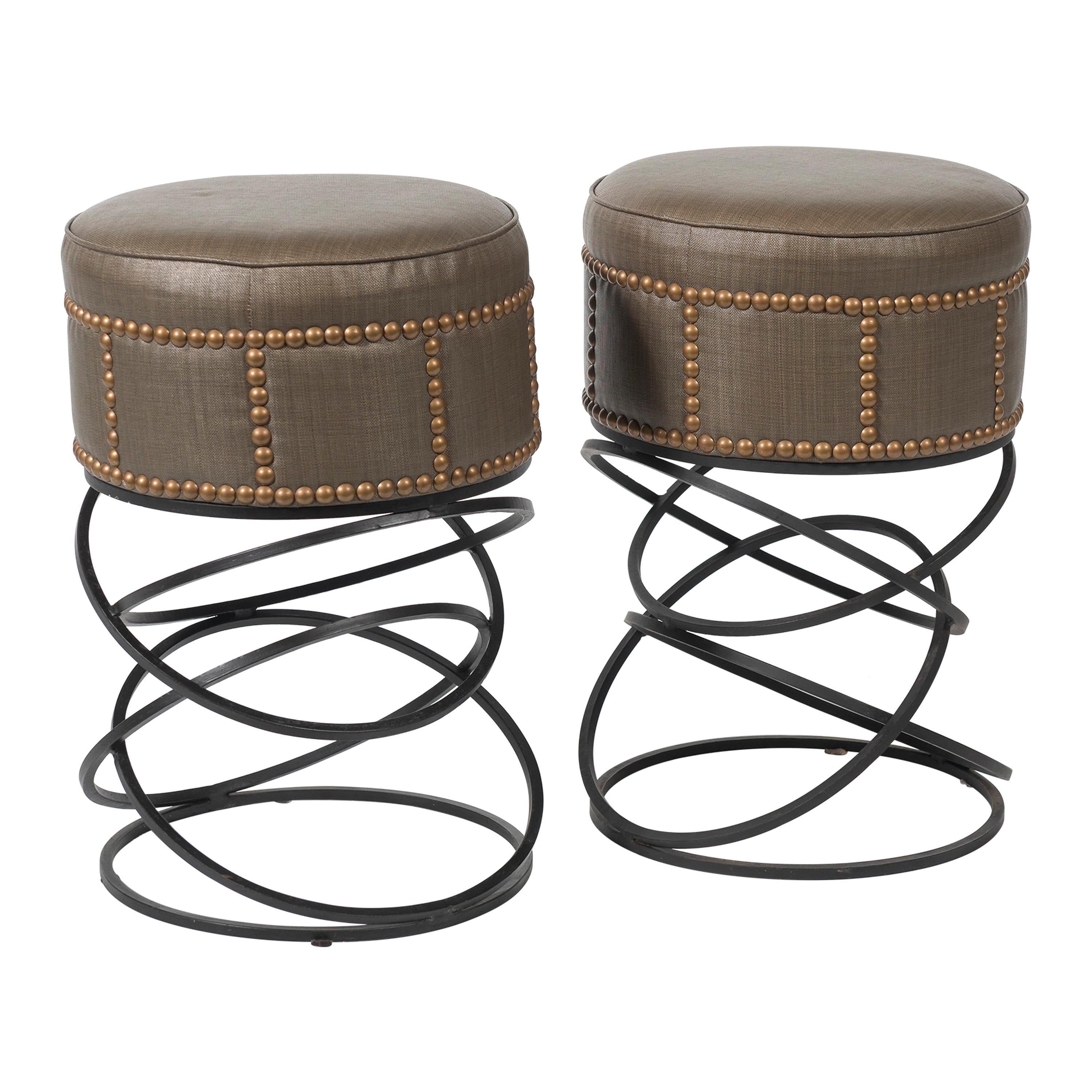 Pair of Modern Studded Leather Bar Stools