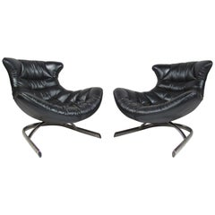 Pair of Modern Style Low Slung Leather Lounge Chairs