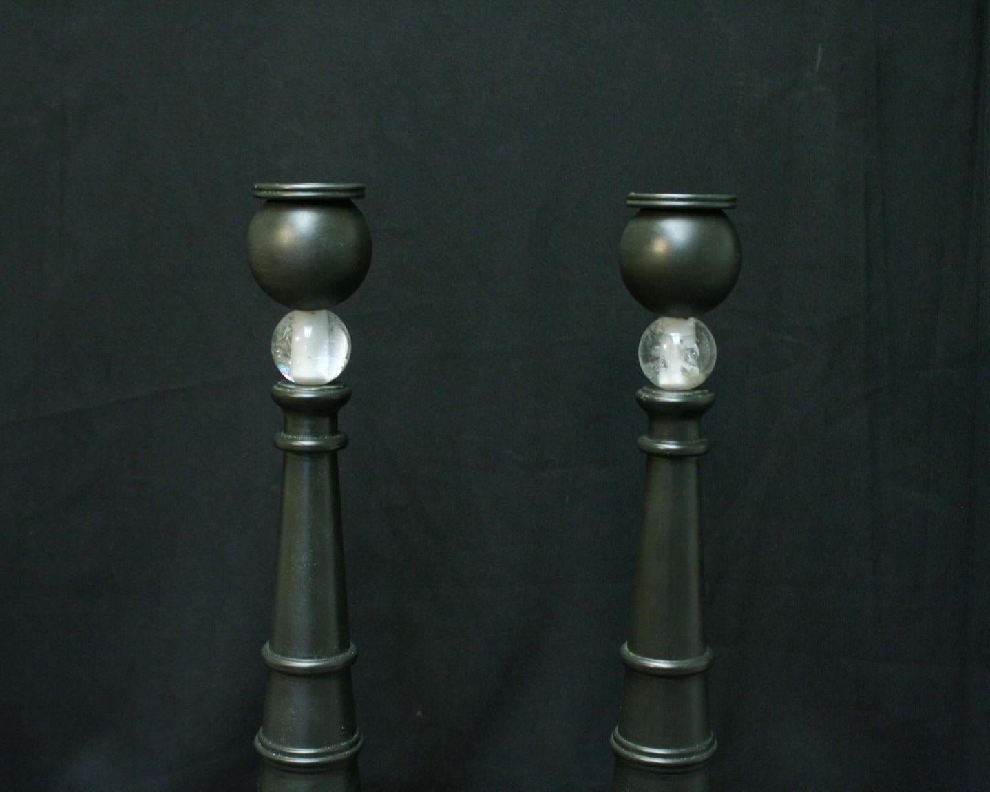 Pair of Modern Style Rock Crystal Bronze Candlesticks For Sale 4