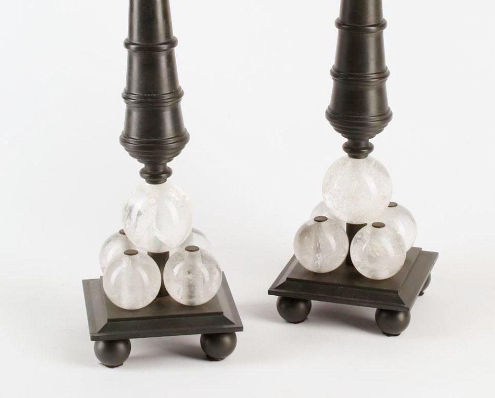 Pair of Modern Style Rock Crystal Bronze Candlesticks For Sale 11