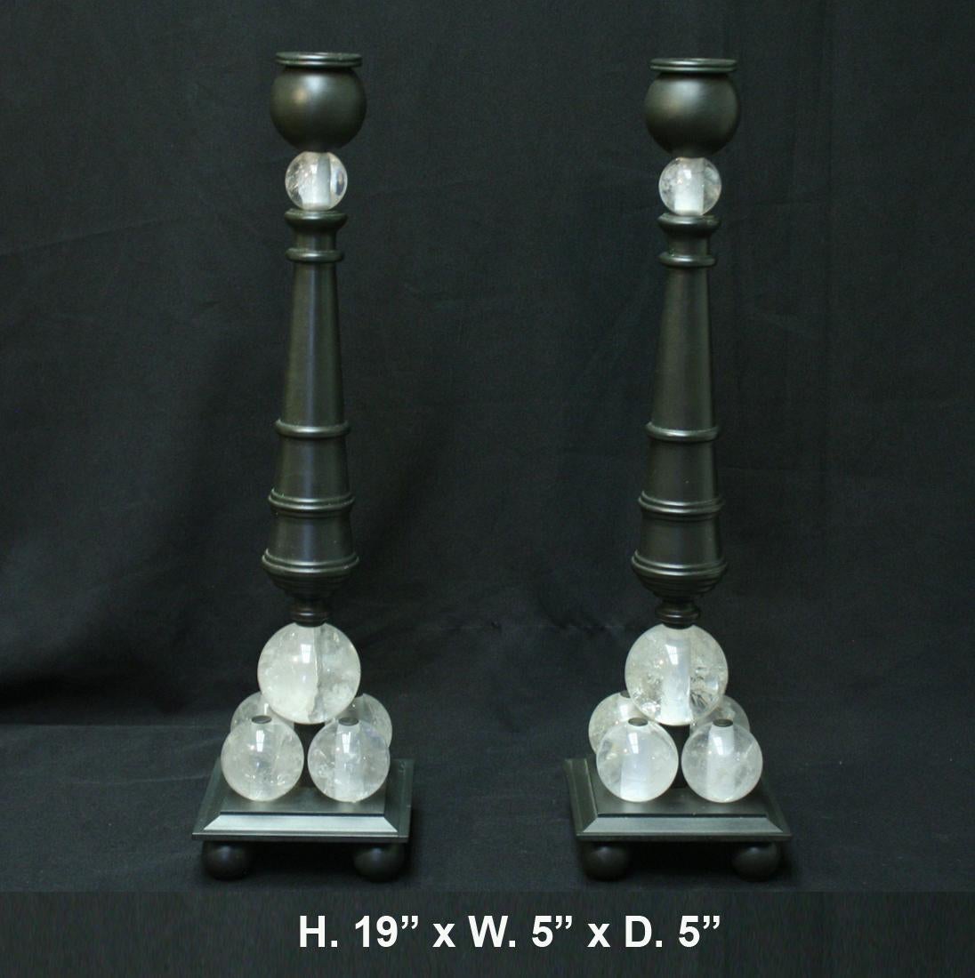 American Pair of Modern Style Rock Crystal Bronze Candlesticks For Sale