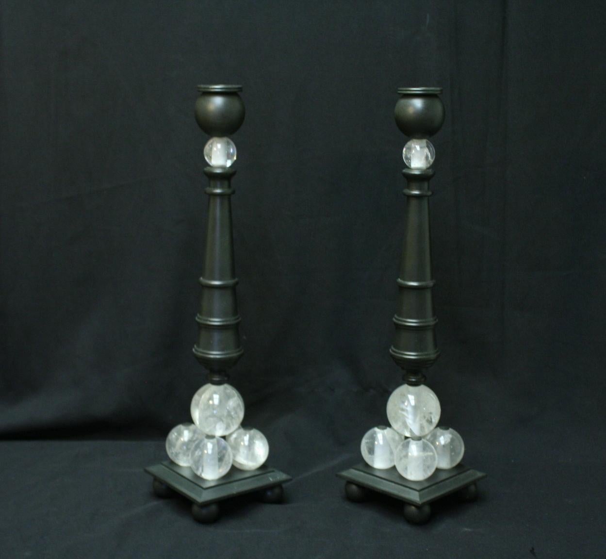 Turned Pair of Modern Style Rock Crystal Bronze Candlesticks For Sale