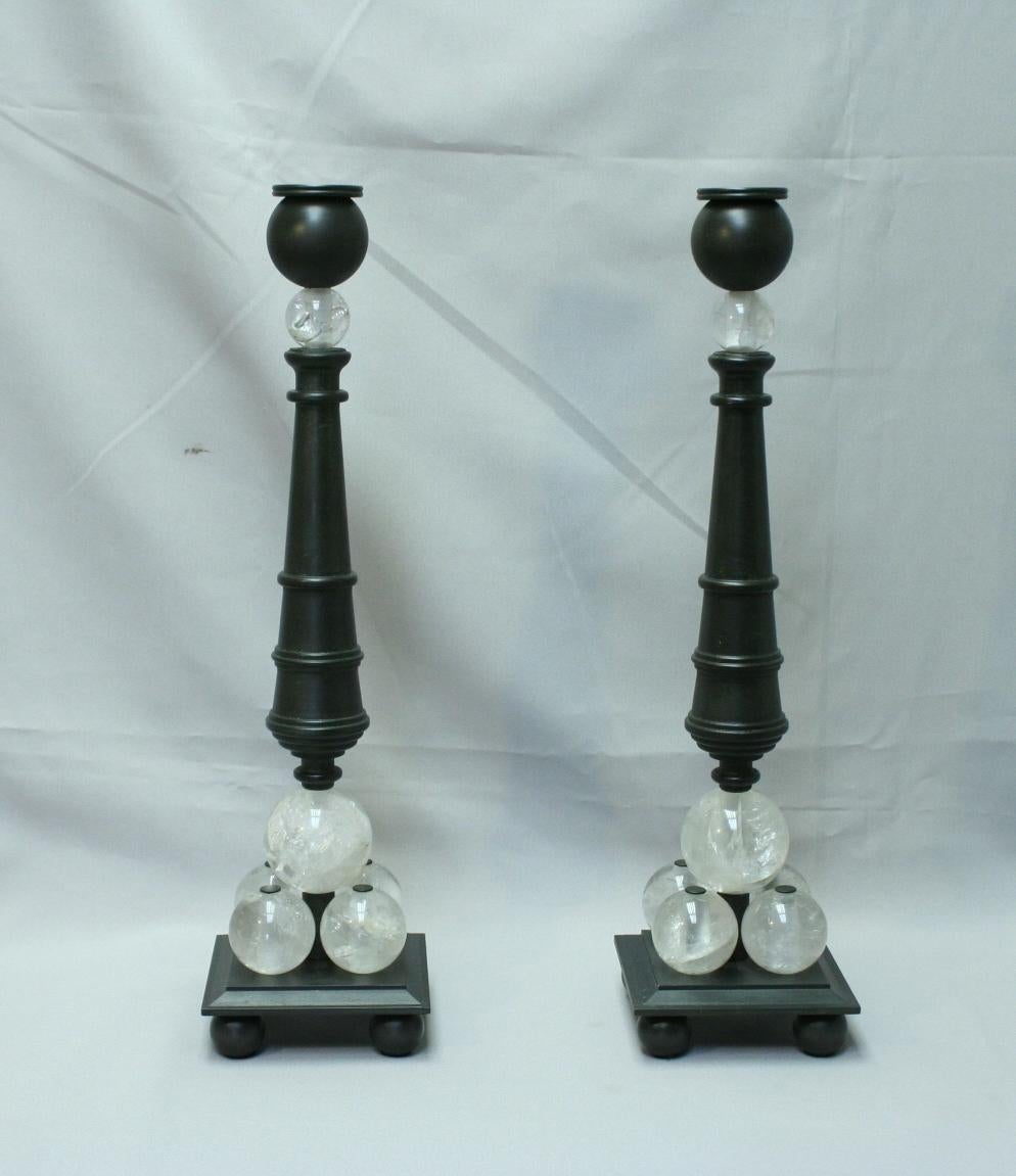 Pair of Modern Style Rock Crystal Bronze Candlesticks For Sale 2