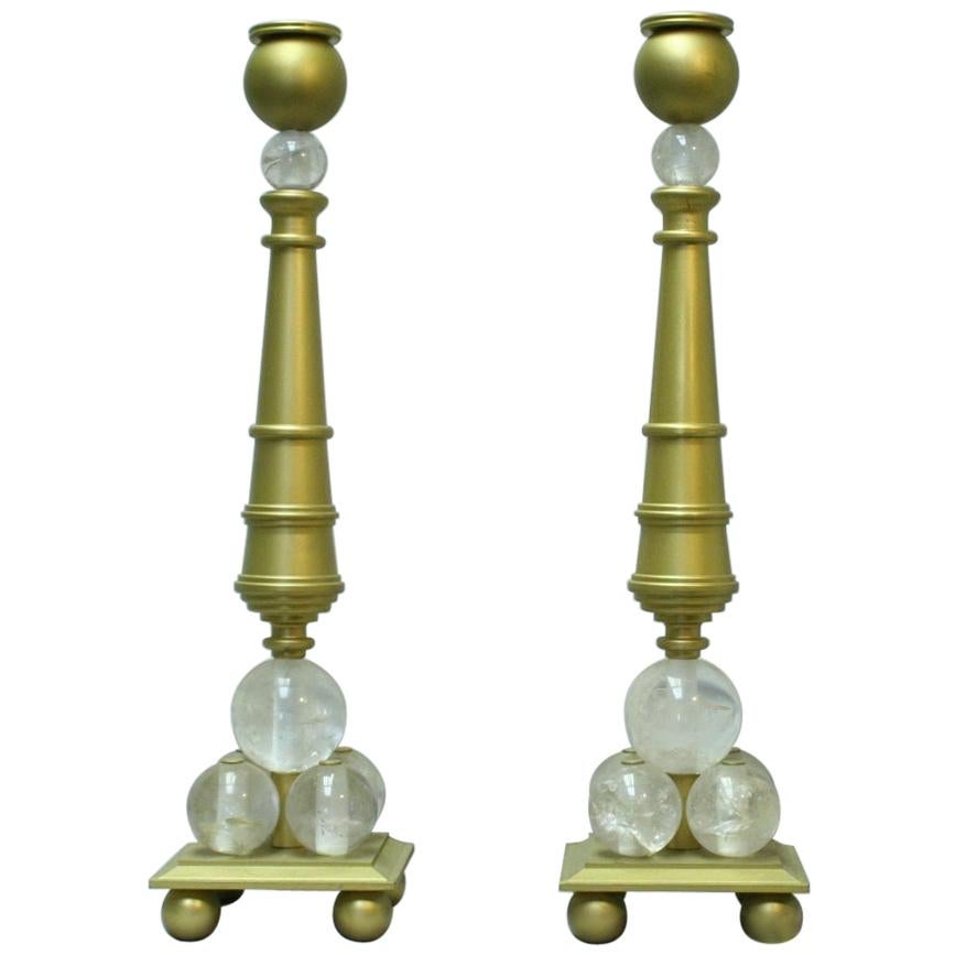 Pair of Modern Style Rock Crystal Bronze Candlesticks