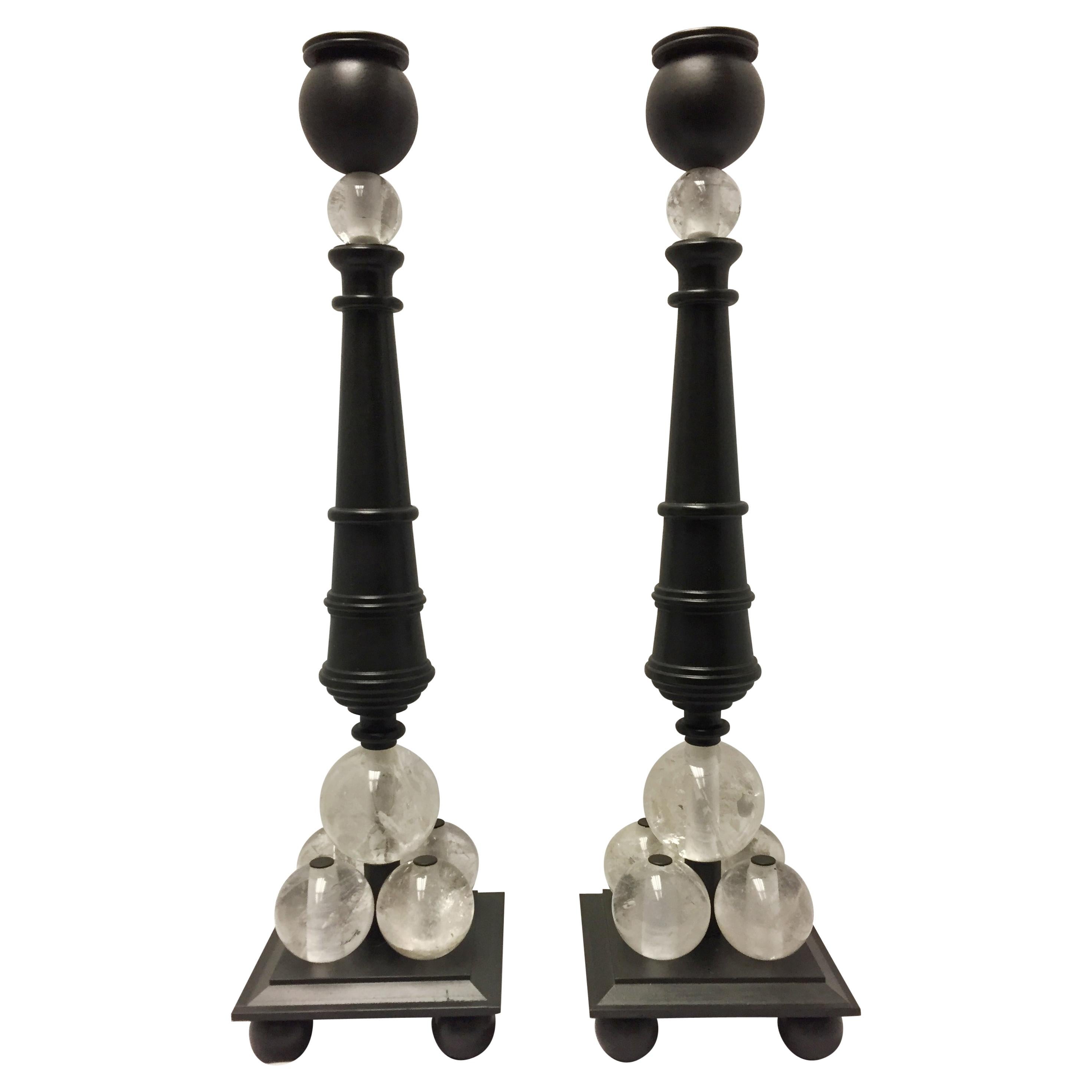 Pair of Modern Style Rock Crystal Bronze Candlesticks For Sale