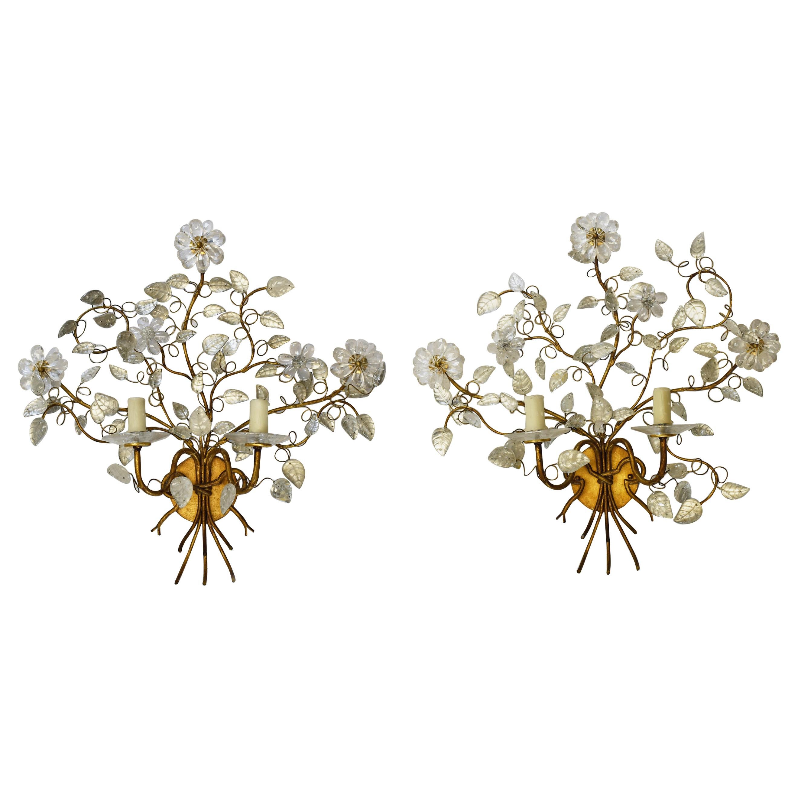 Pair of Modern Style Rock Crystal Floral Sconces For Sale