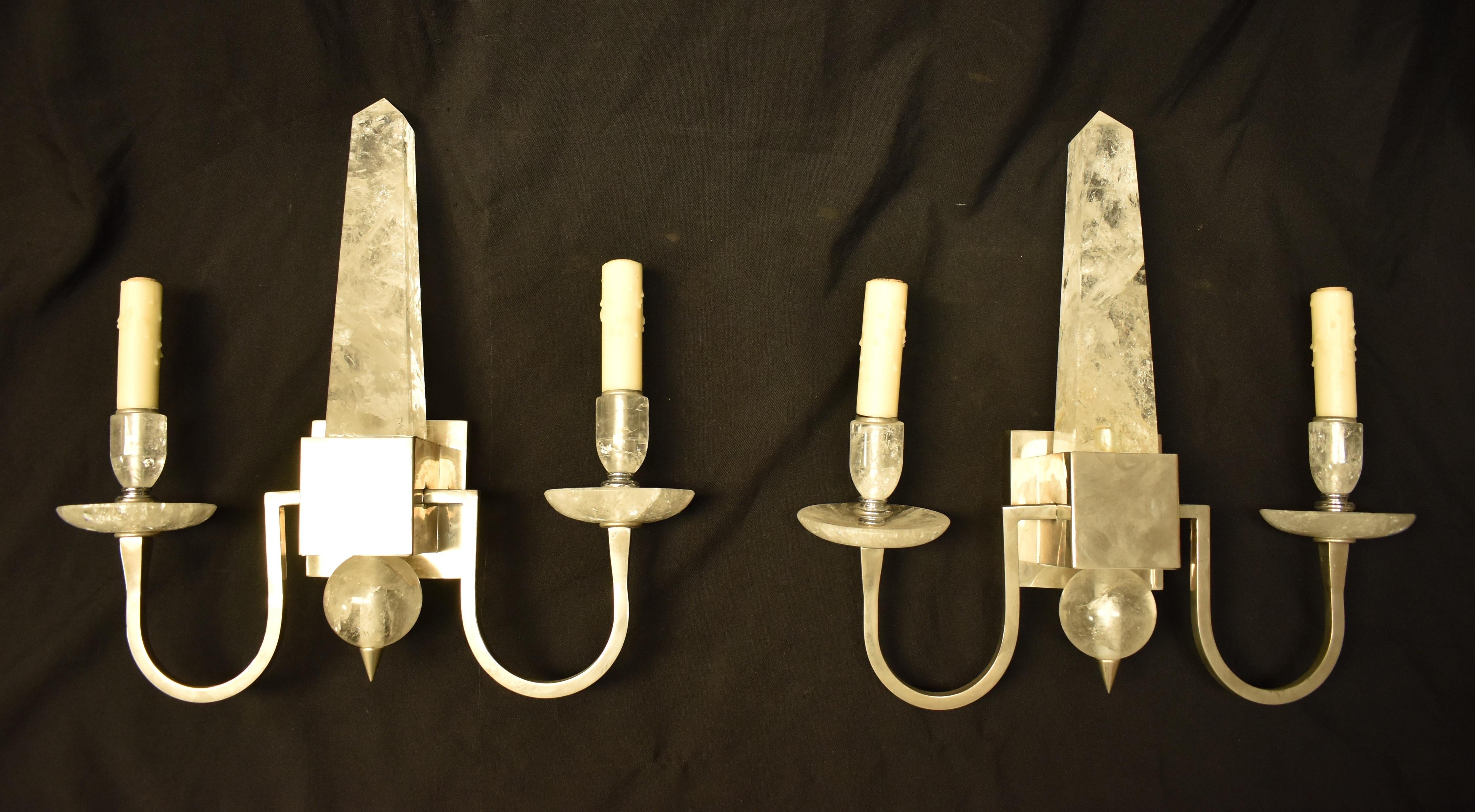 American Pair of Modern Style Rock Crystal Obelisk Sconces For Sale