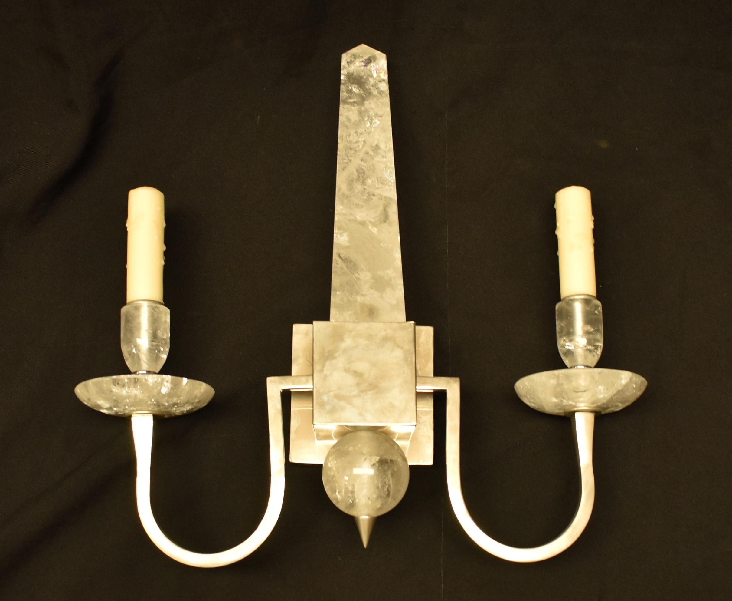 Pair of Modern Style Rock Crystal Obelisk Sconces In New Condition For Sale In Cypress, CA