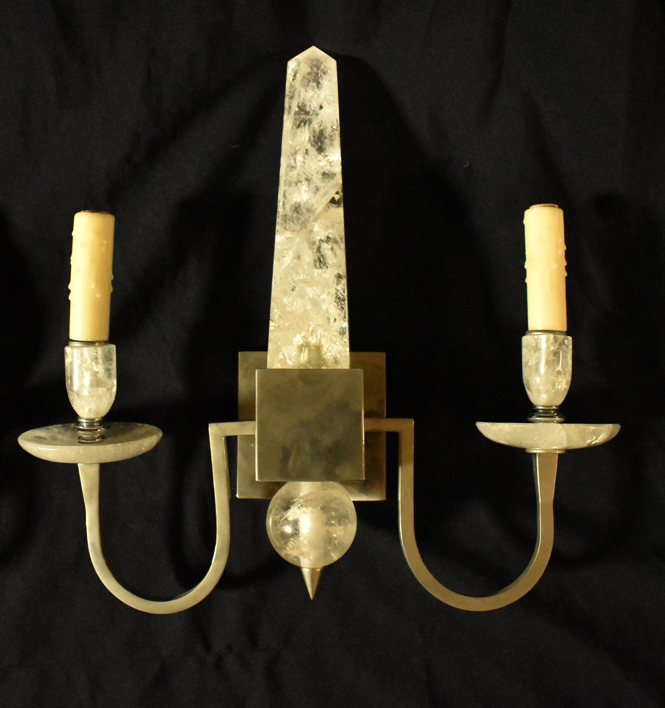 Contemporary Pair of Modern Style Rock Crystal Obelisk Sconces For Sale