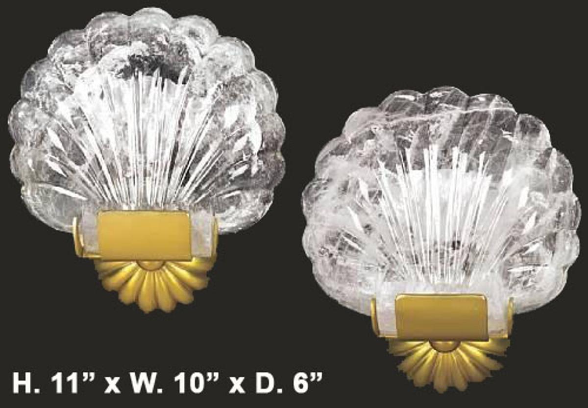 Pair of modern style hand carved and hand-polished Rock Crystal shell two-light shell form sconces with gilt bronze mounts. (B)
Meticulous attention given to every detail, 
21st century. 

Electrified for the U.S. Market.