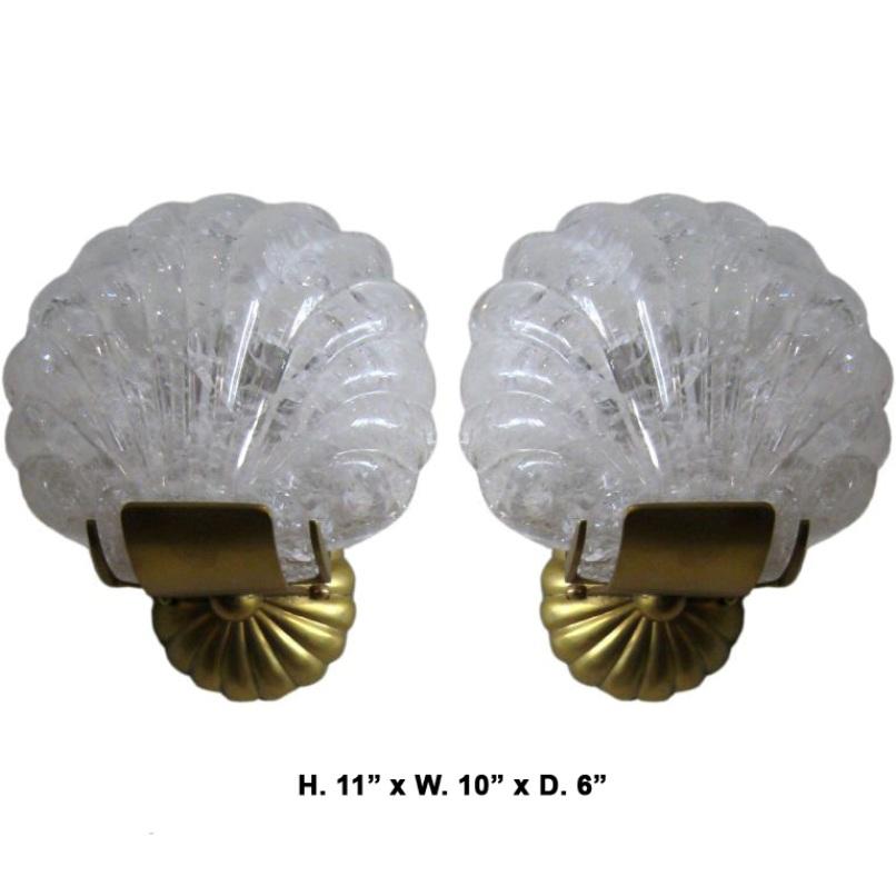 Hand-Carved Pair of Modern Style Rock Crystal Shell Sconces