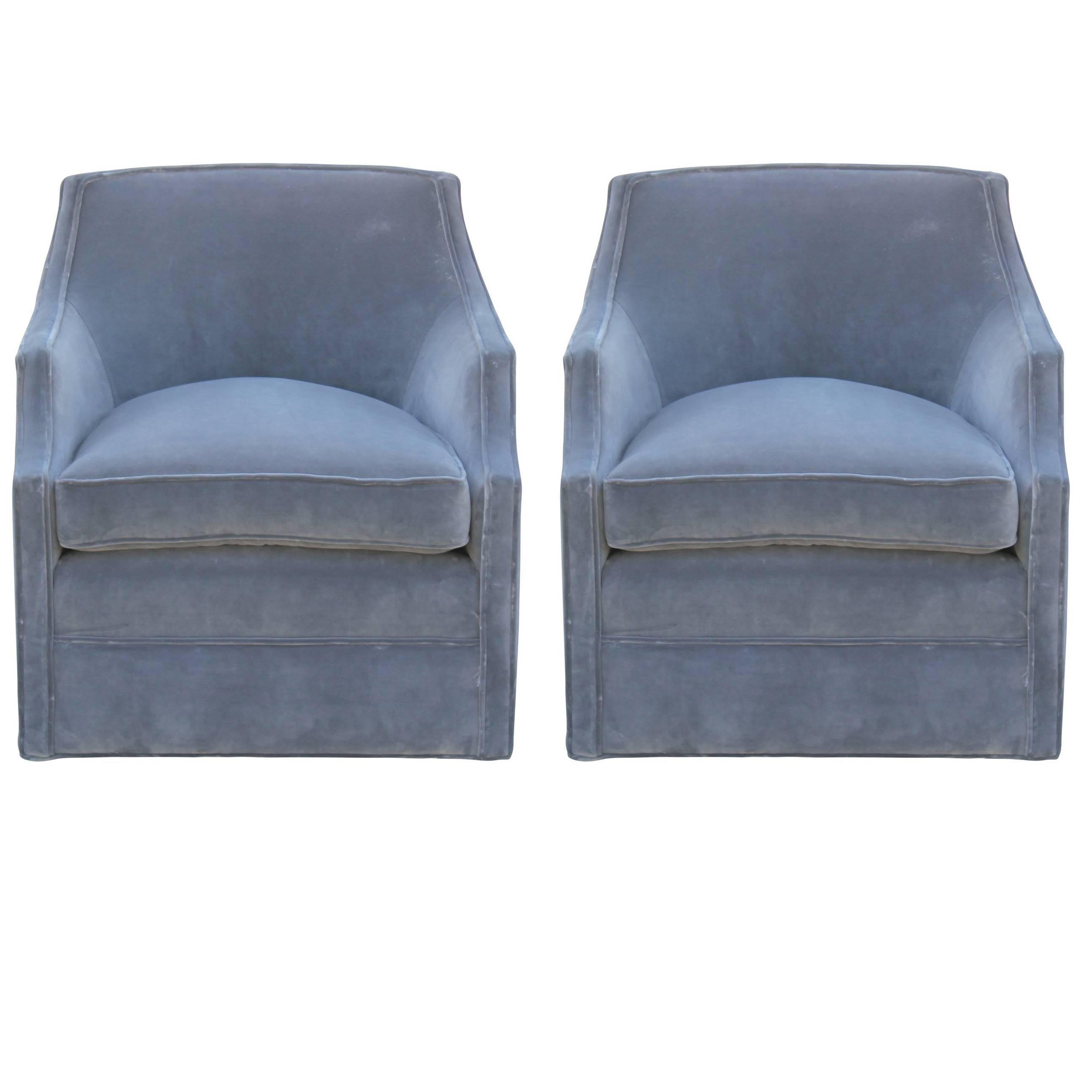 Pair of Modern Swivel Chairs in Grey Velvet in the Style of Baker Furniture